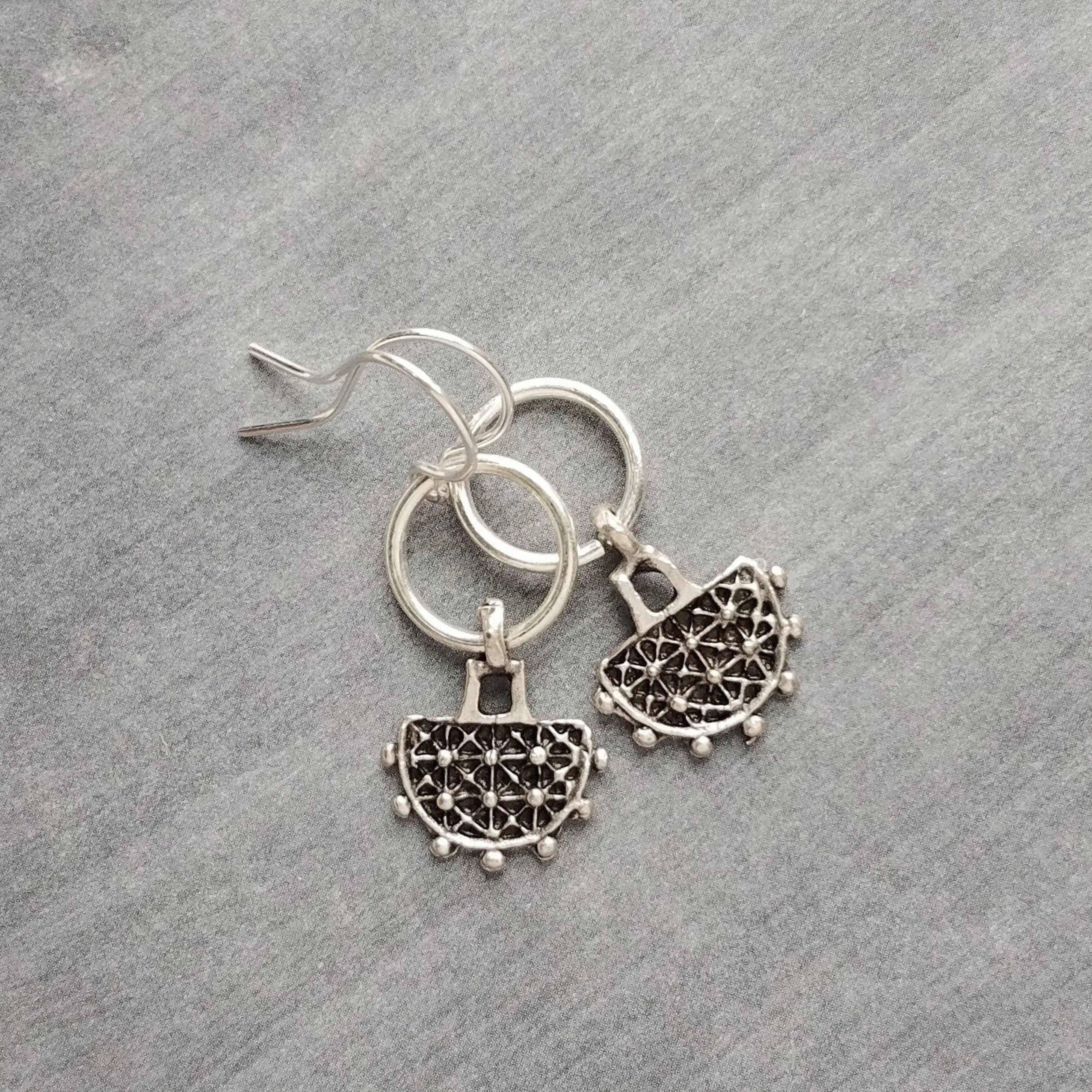 Dainty Silver Dangle Earrings, silver pendulum earring, antique silver earring, semicircle earring, silver ring earring, small earring, ox