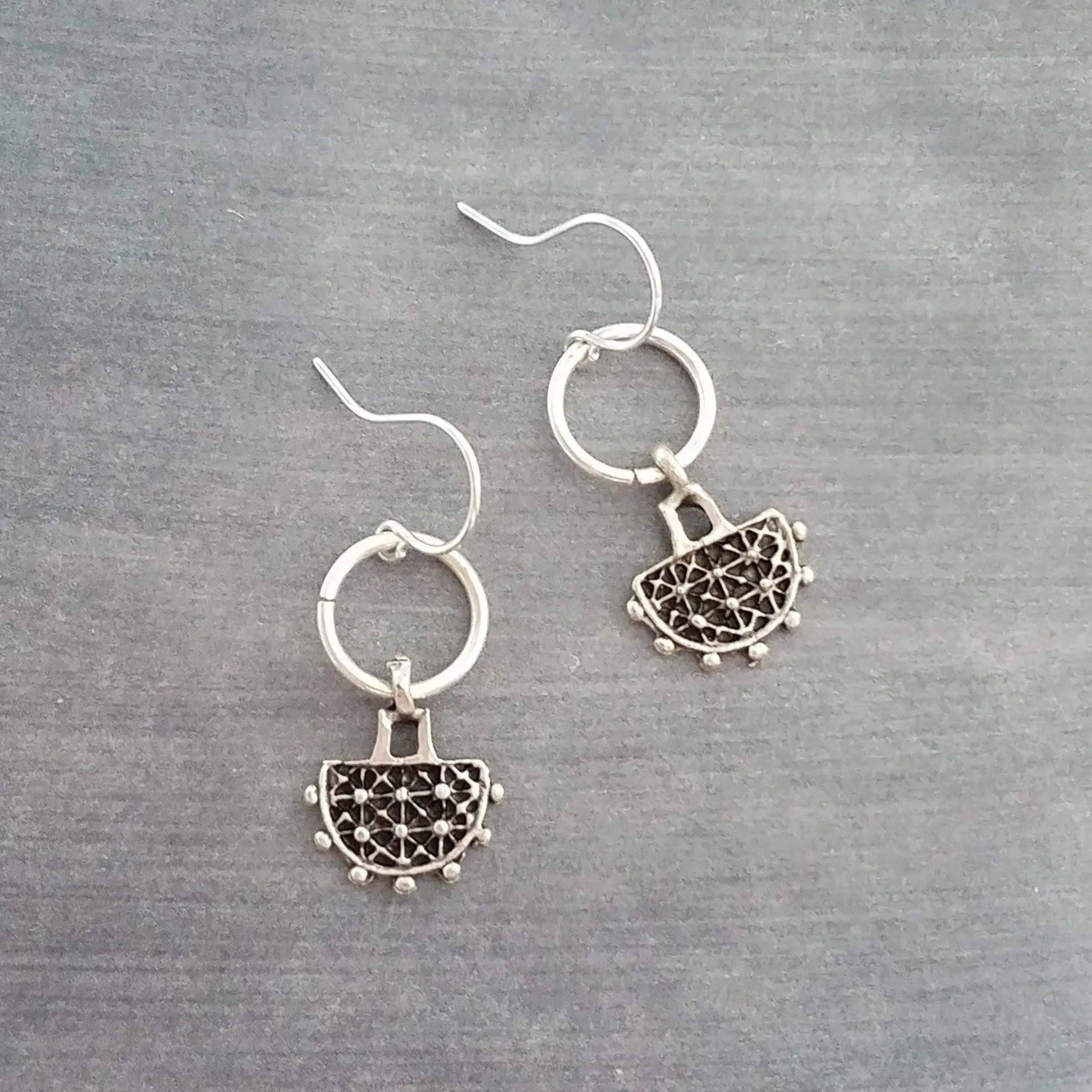 Dainty Silver Dangle Earrings, silver pendulum earring, antique silver earring, semicircle earring, silver ring earring, small earring, ox