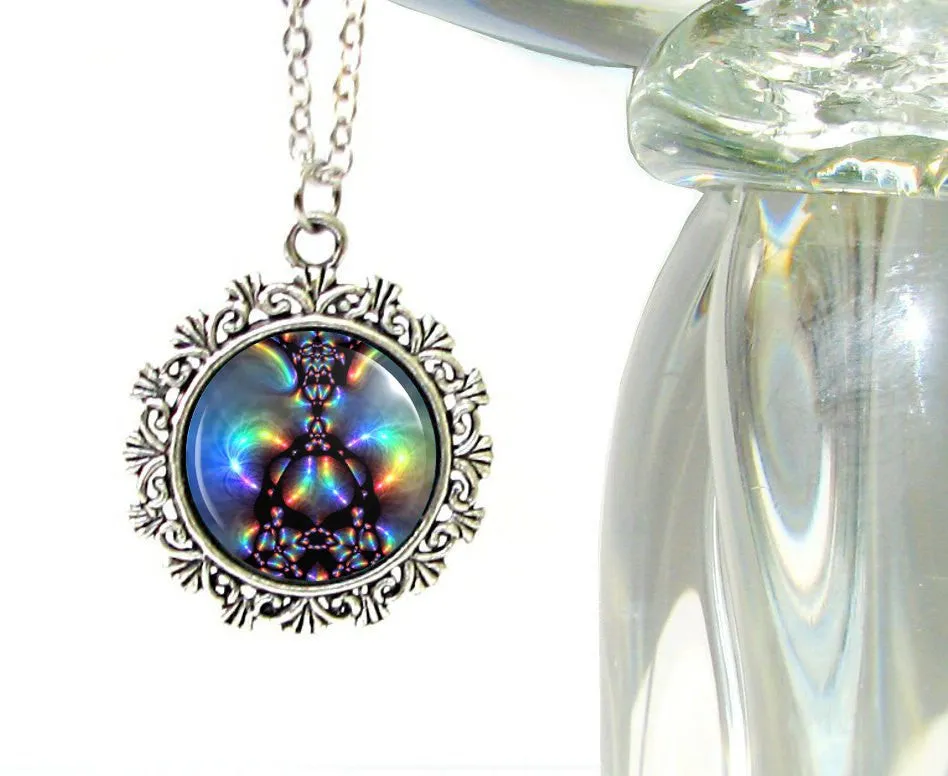 Dainty Silver Necklace with an Aura-Themed Rainbow Energy Art Photo Print - "Aura Abstract"