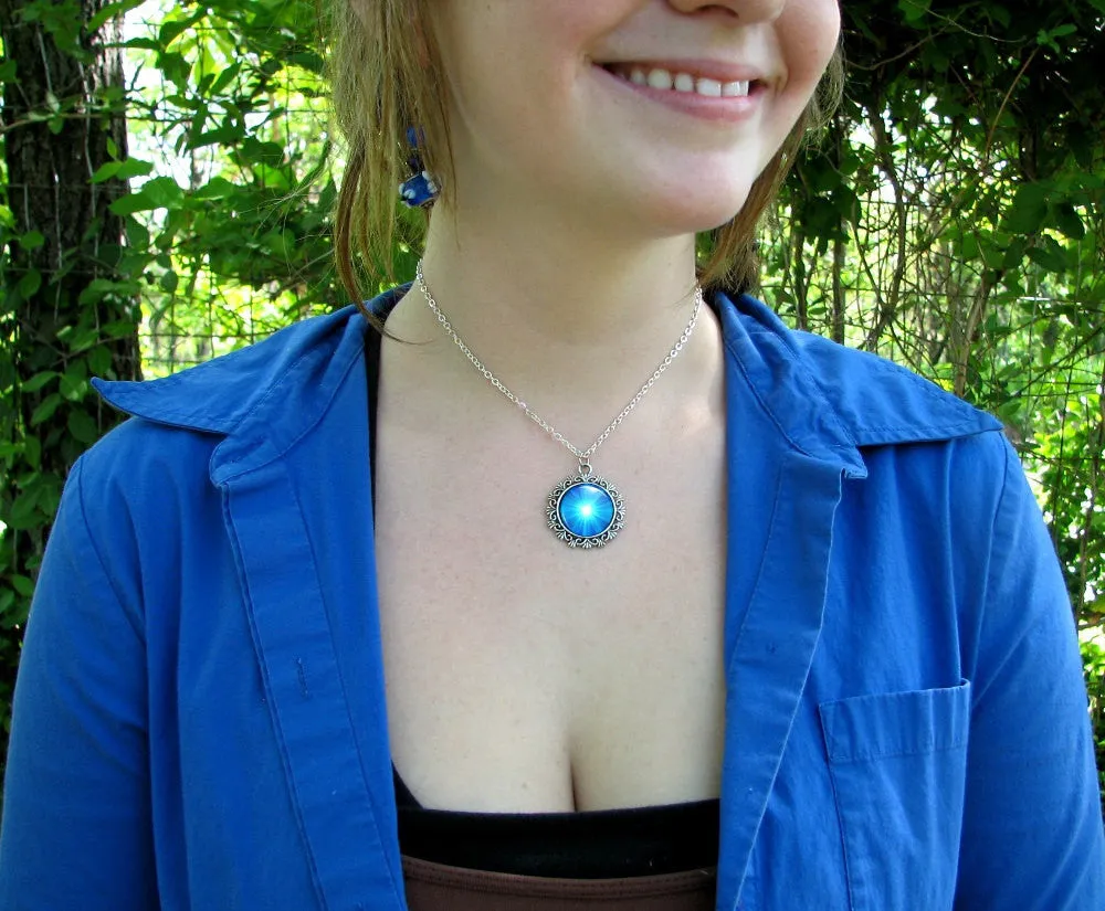Dainty Throat Chakra Necklace, Blue Starburst Pendant, Metaphysical Artwork