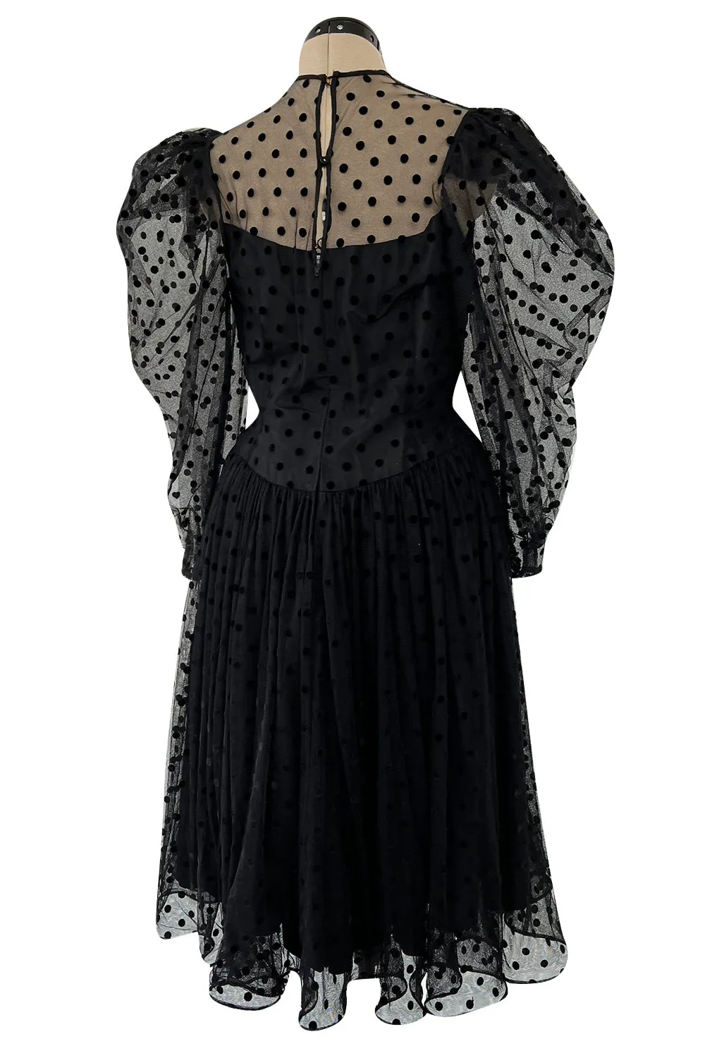 Early 1980s Pauline Trigere Velvet Dot on Net Dress w Exceptional Sleeves