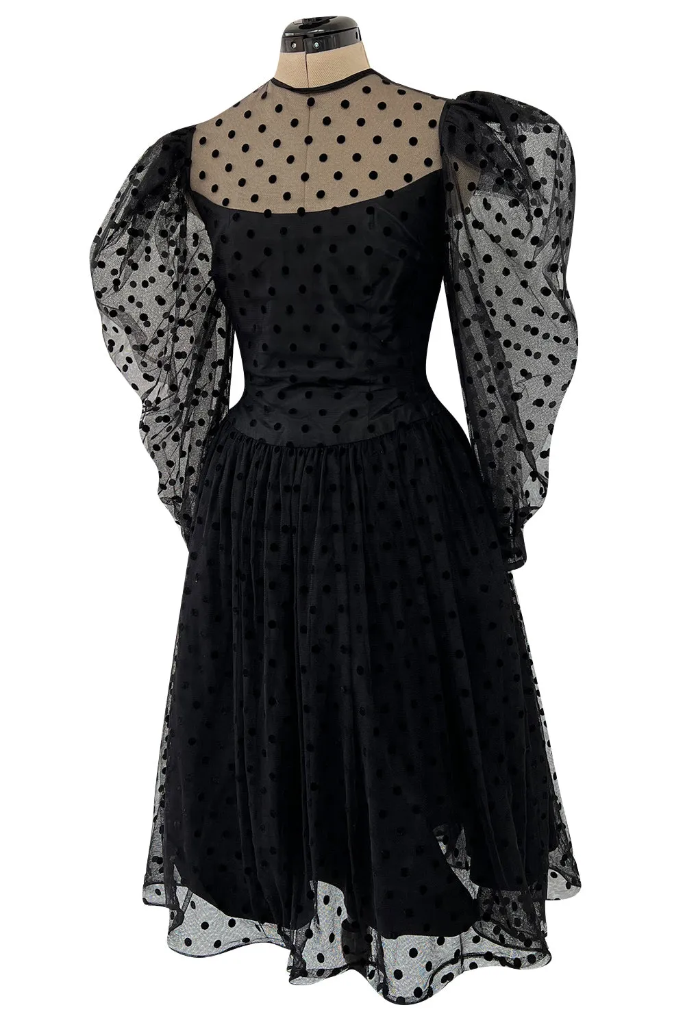 Early 1980s Pauline Trigere Velvet Dot on Net Dress w Exceptional Sleeves