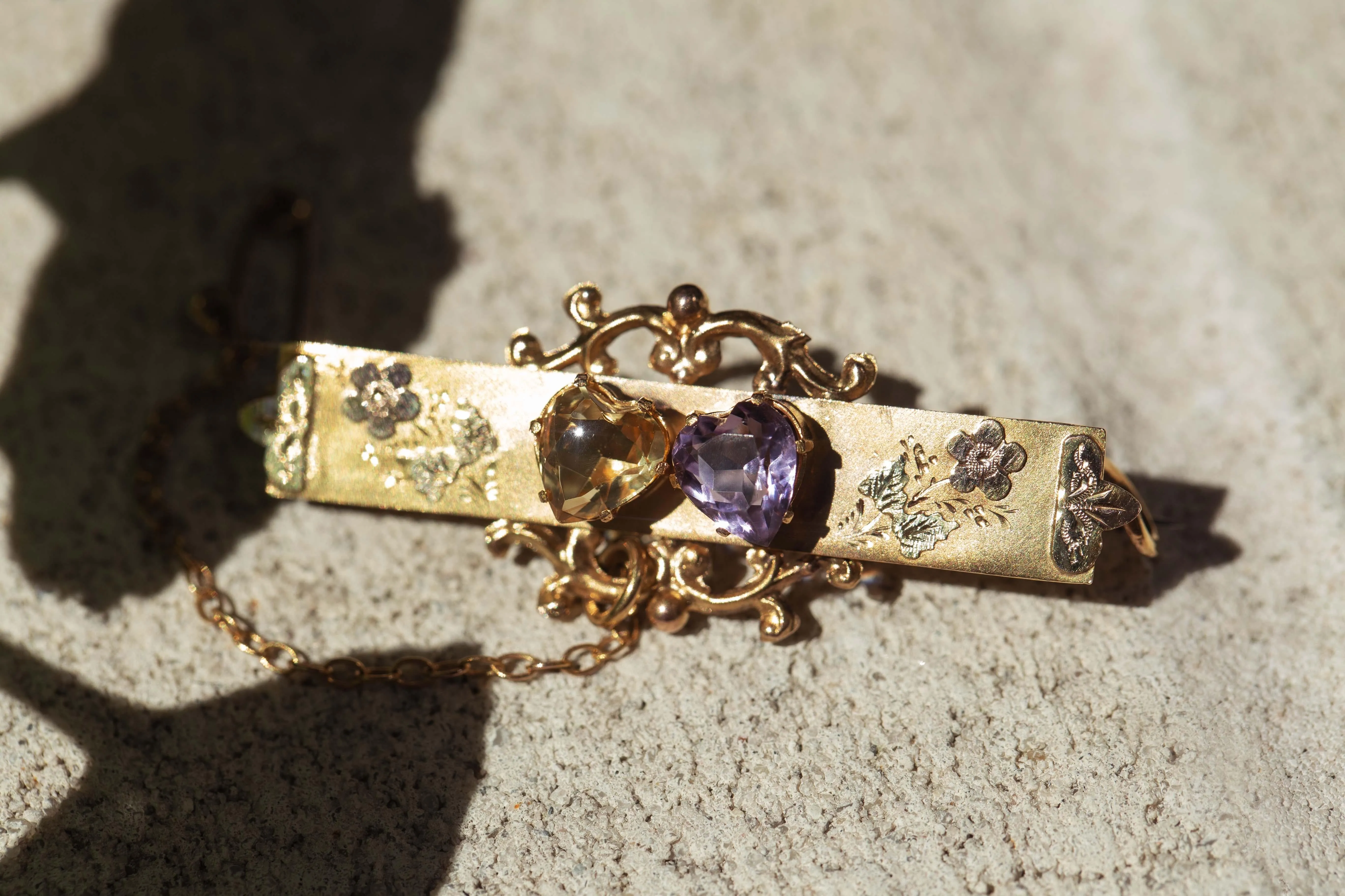Elvera Antique 1900s Amethyst & Citrine Nature Brooch 9ct Gold