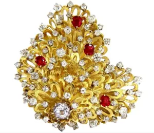 Erwin Pearl 8.00 Carat Natural Diamonds and Red Spinel Brooch 18Kt Ref 12332