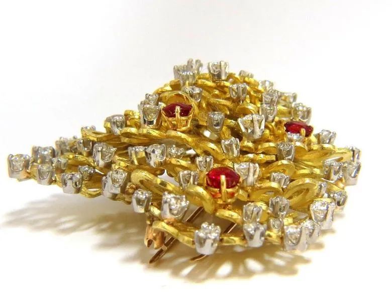 Erwin Pearl 8.00 Carat Natural Diamonds and Red Spinel Brooch 18Kt Ref 12332