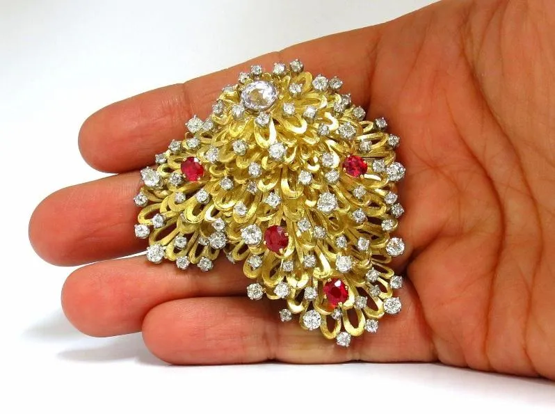 Erwin Pearl 8.00 Carat Natural Diamonds and Red Spinel Brooch 18Kt Ref 12332