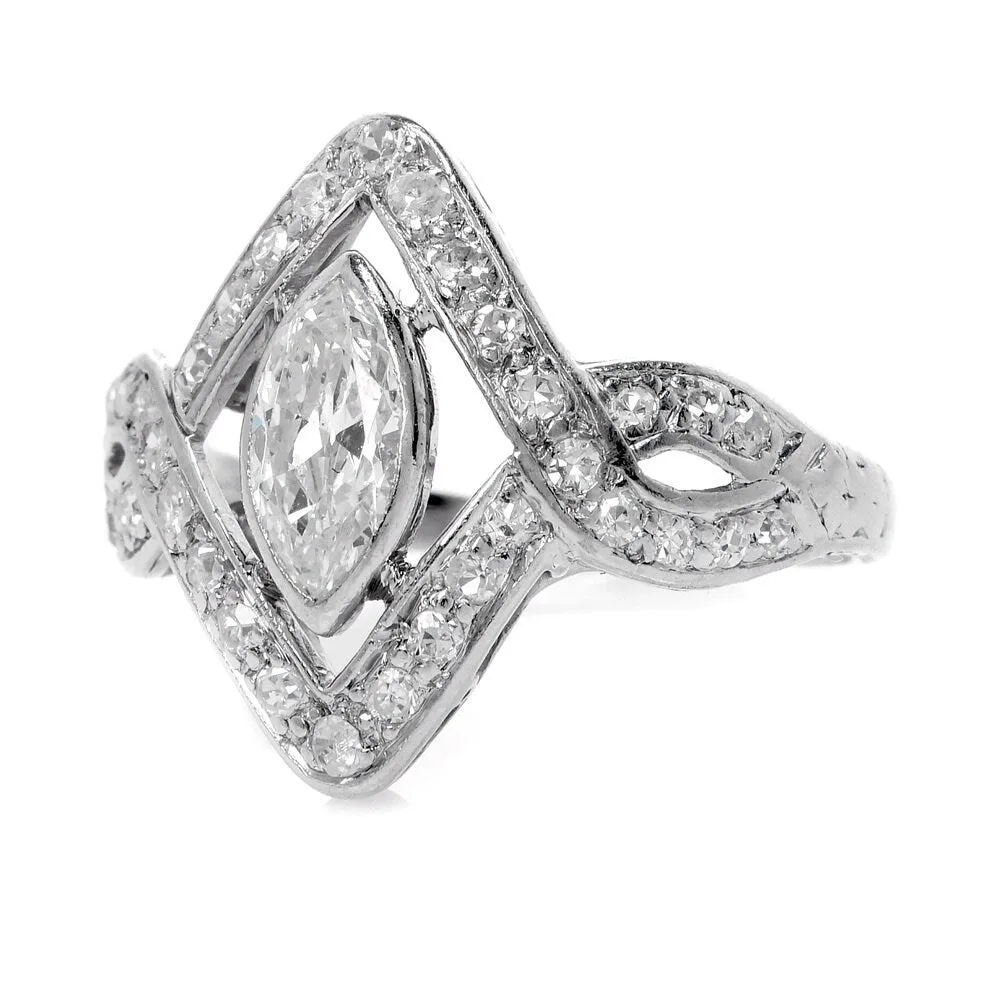 Estate Platinum Twisted Engagement Ring with Marquise Cut Diamond