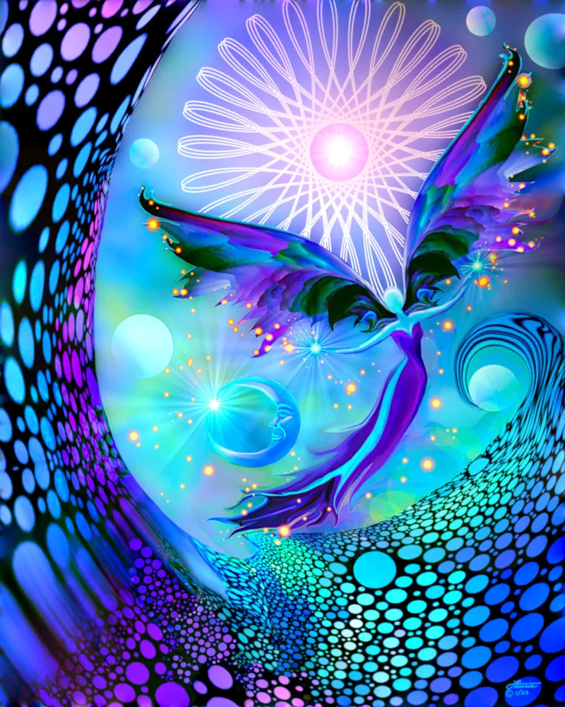 Fantasy Fairy Art Blank Notecards, Blue Purple Polka Dots Greeting Card, Crown Chakra Card - "The Divine Light"