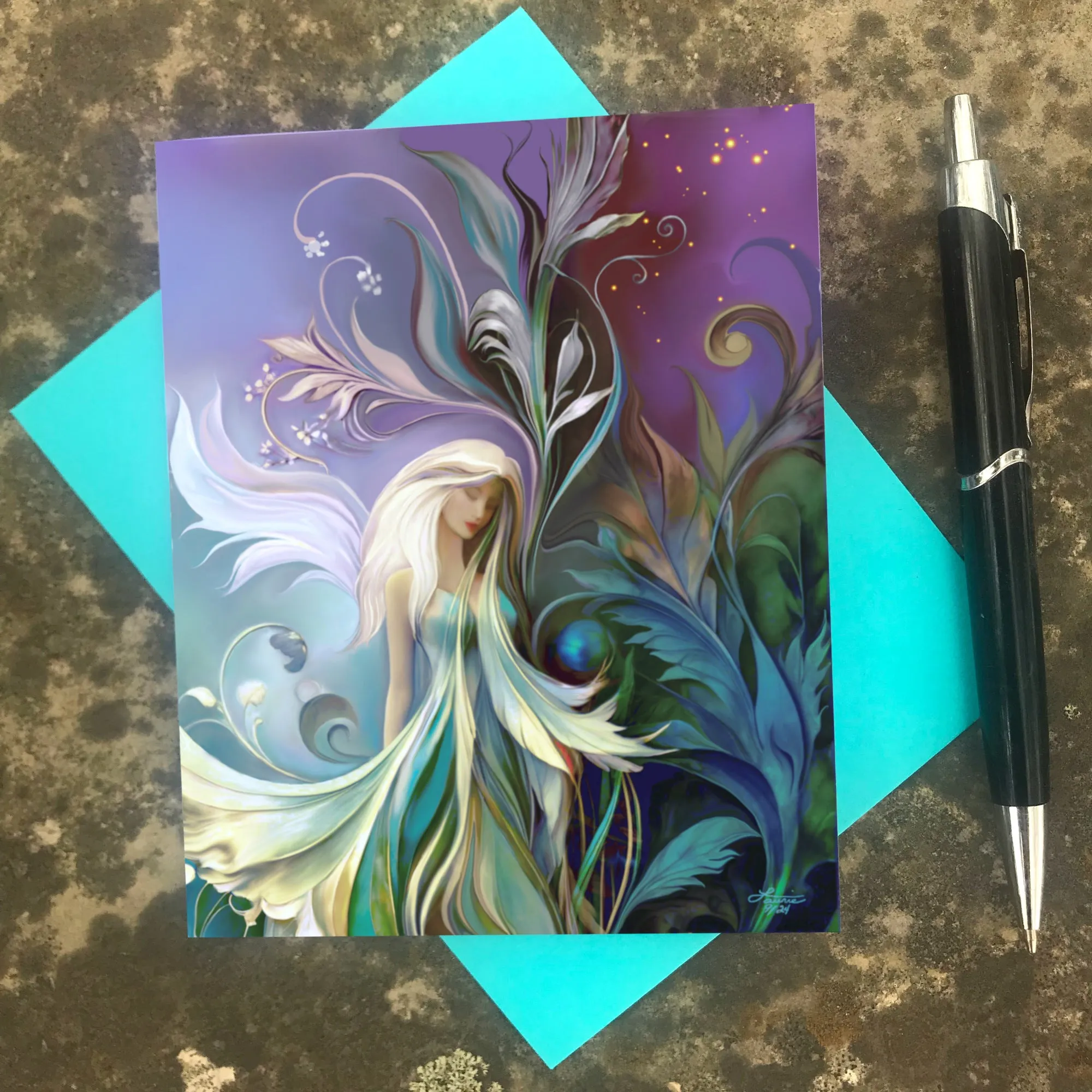 Fantasy Fairy Art Greeting Card, Colorful Art Nouveau Notecard - "Fairy Garden"
