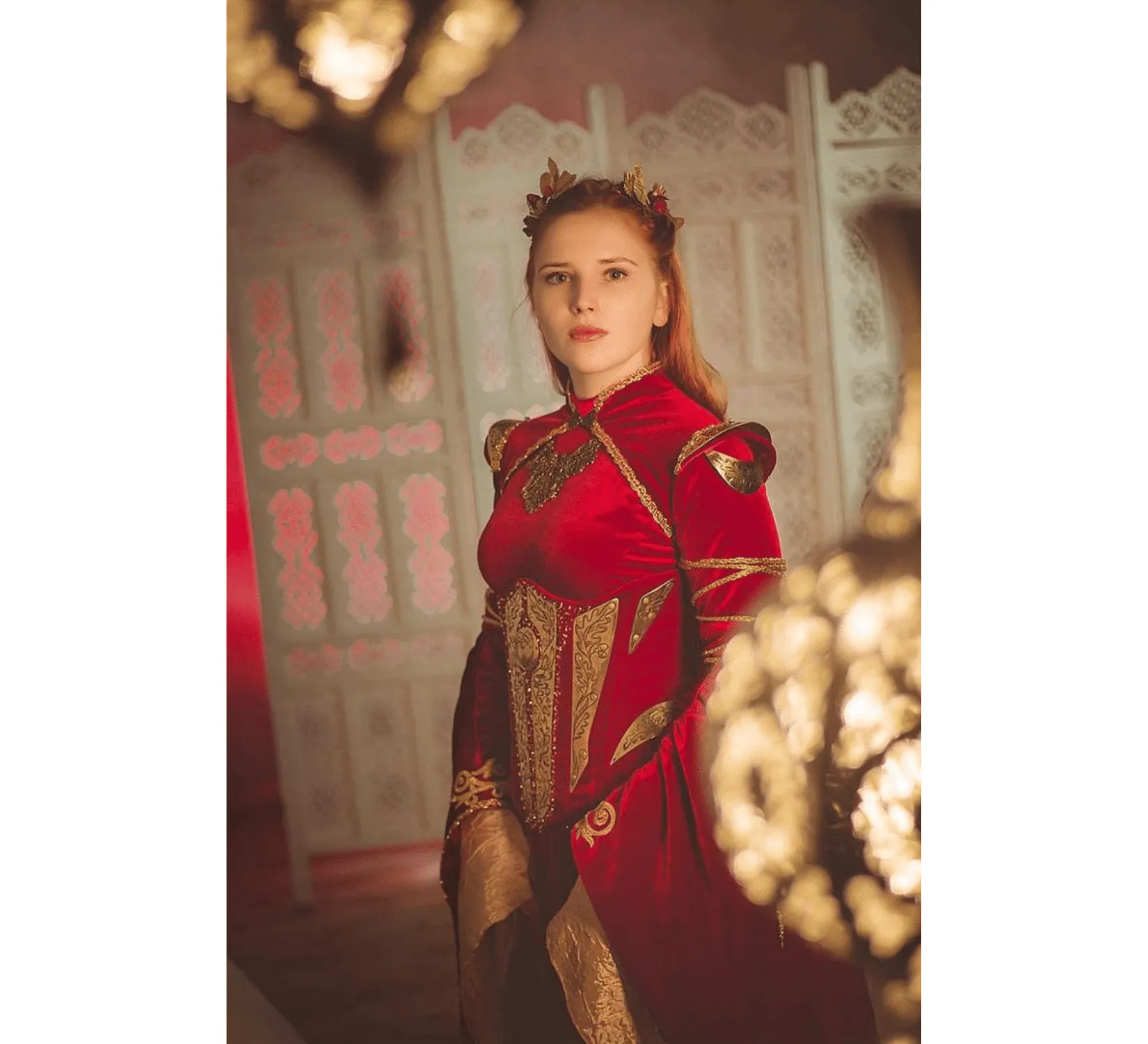 Fantasy red velvet elven dress with metal plates