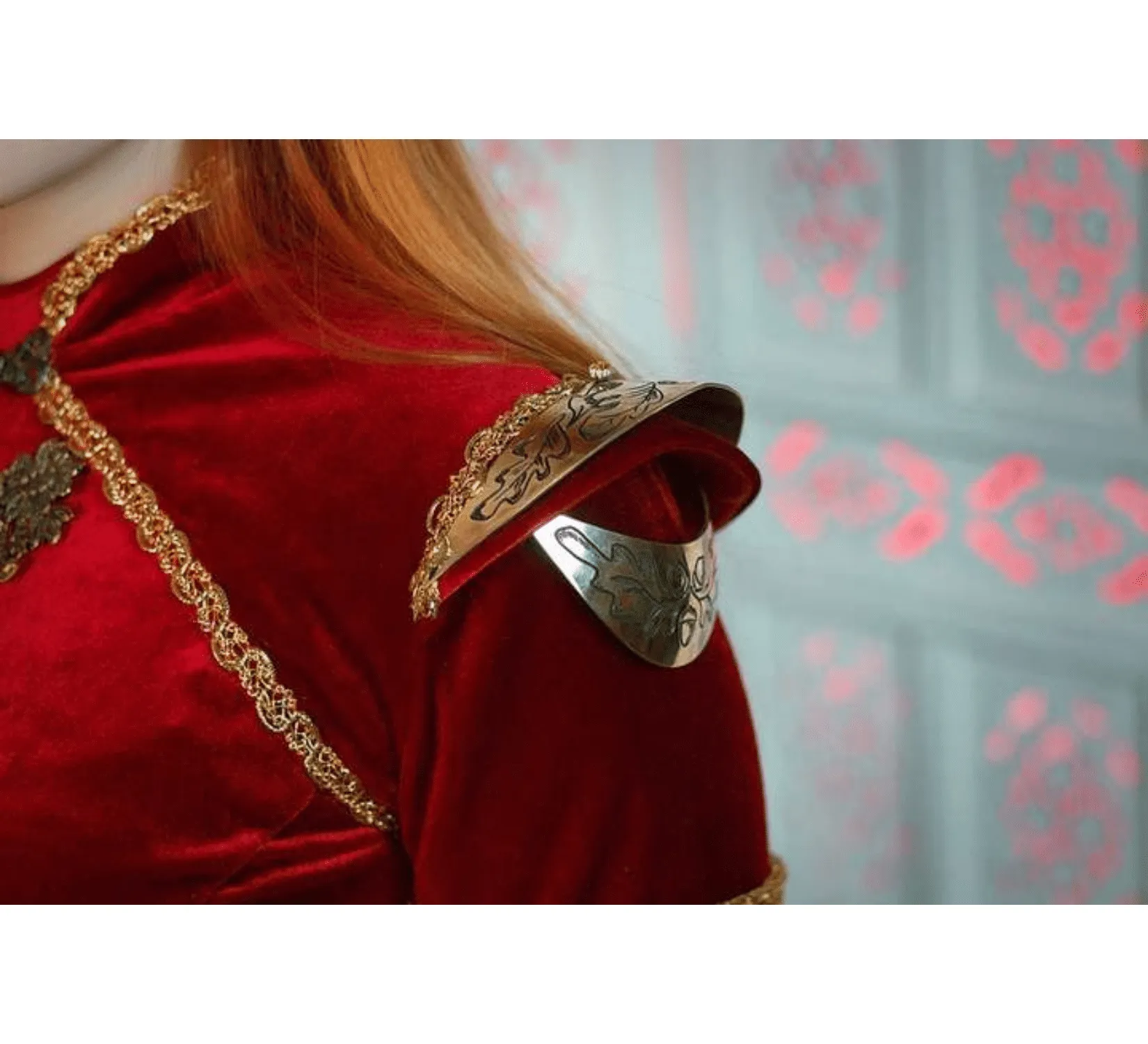 Fantasy red velvet elven dress with metal plates
