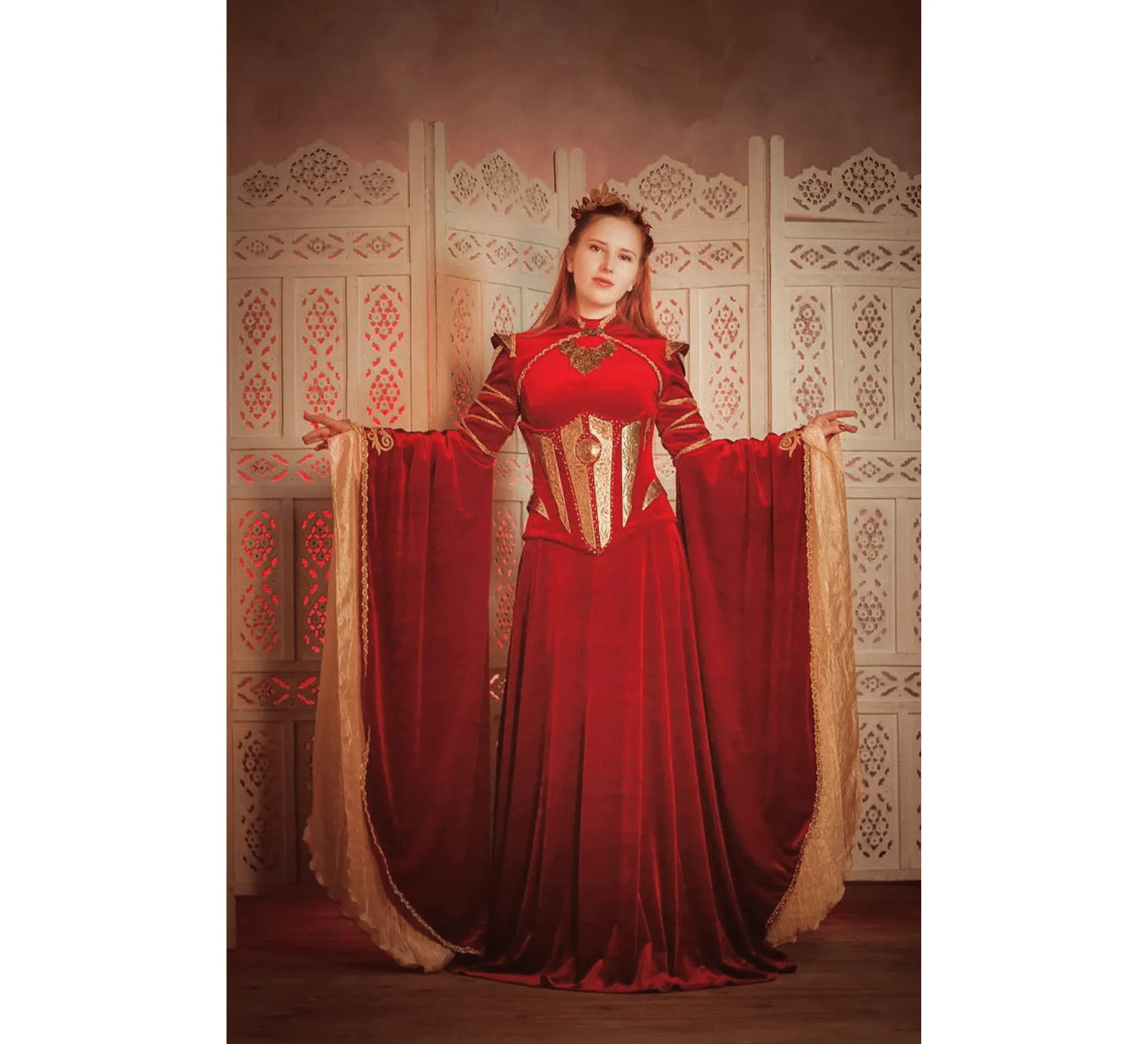 Fantasy red velvet elven dress with metal plates