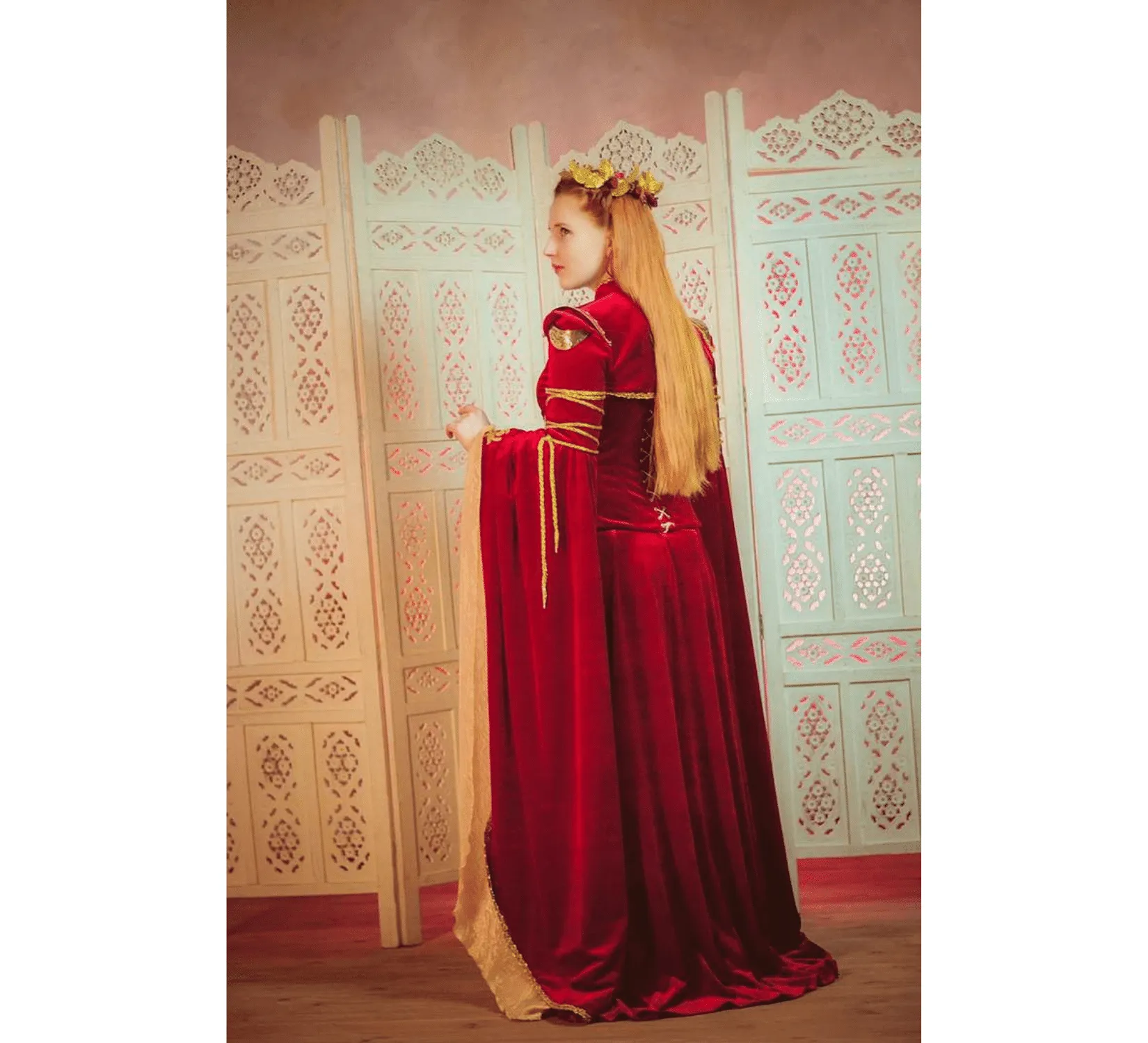 Fantasy red velvet elven dress with metal plates