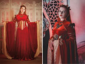 Fantasy red velvet elven dress with metal plates
