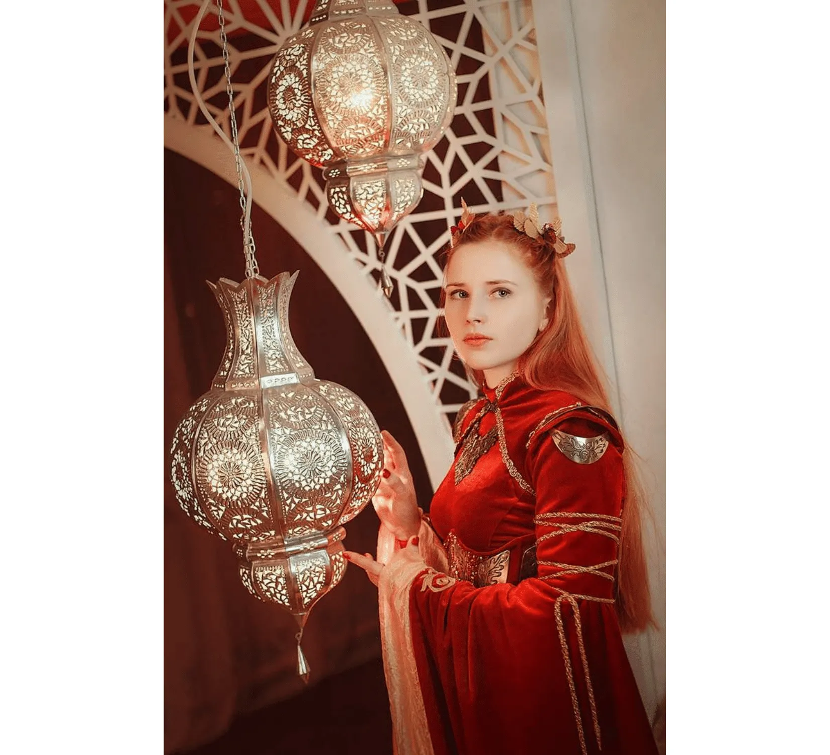 Fantasy red velvet elven dress with metal plates