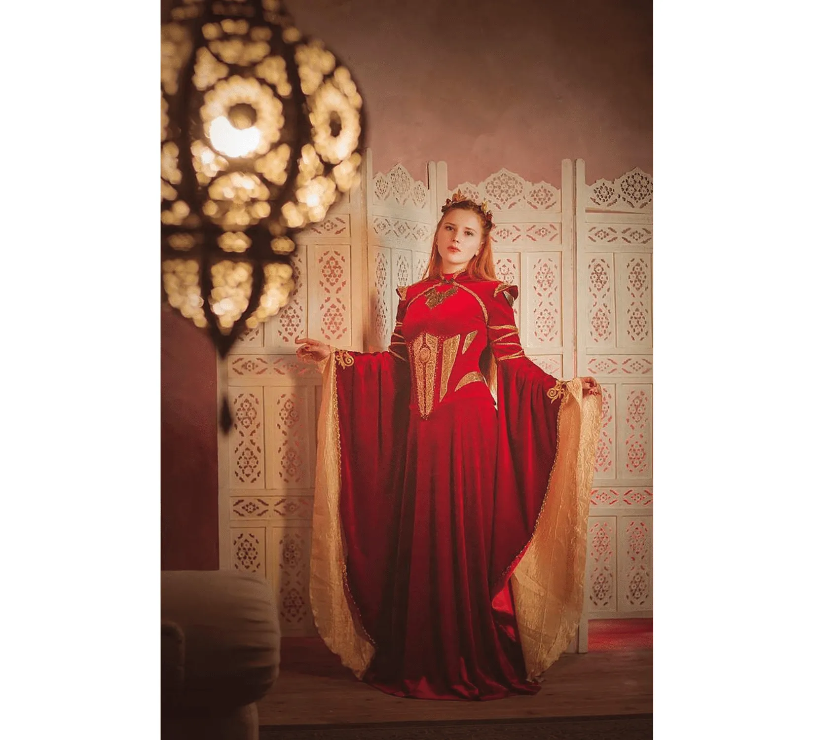 Fantasy red velvet elven dress with metal plates