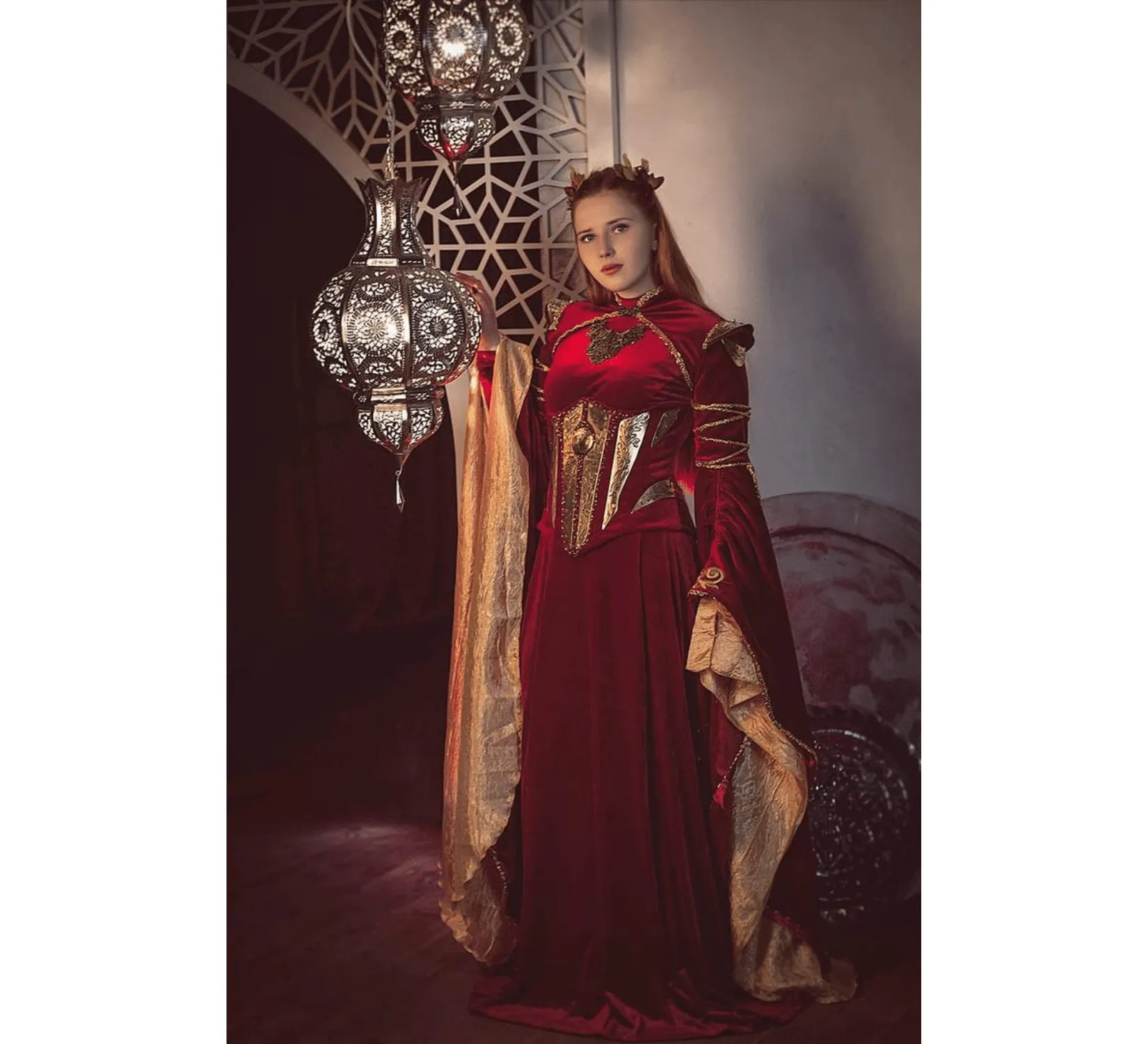 Fantasy red velvet elven dress with metal plates