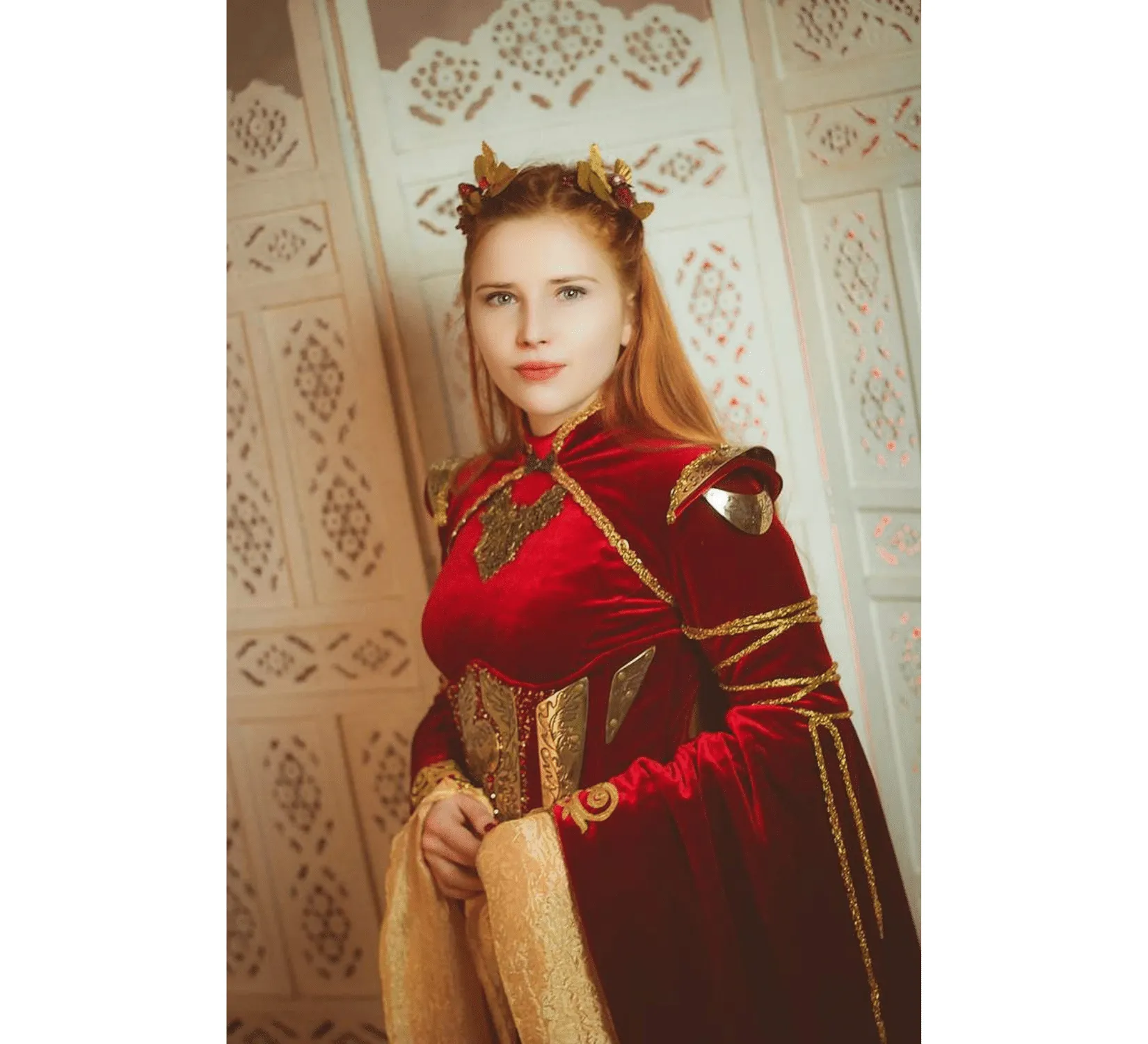 Fantasy red velvet elven dress with metal plates