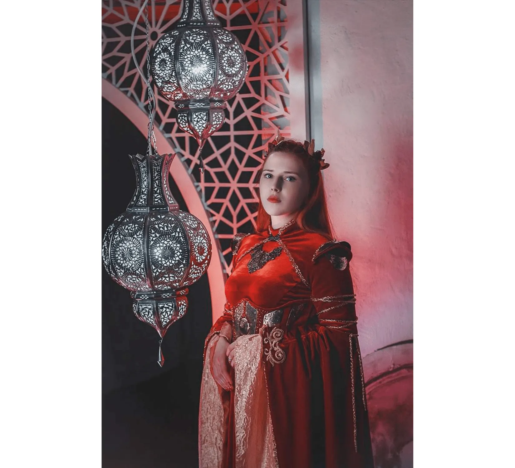 Fantasy red velvet elven dress with metal plates