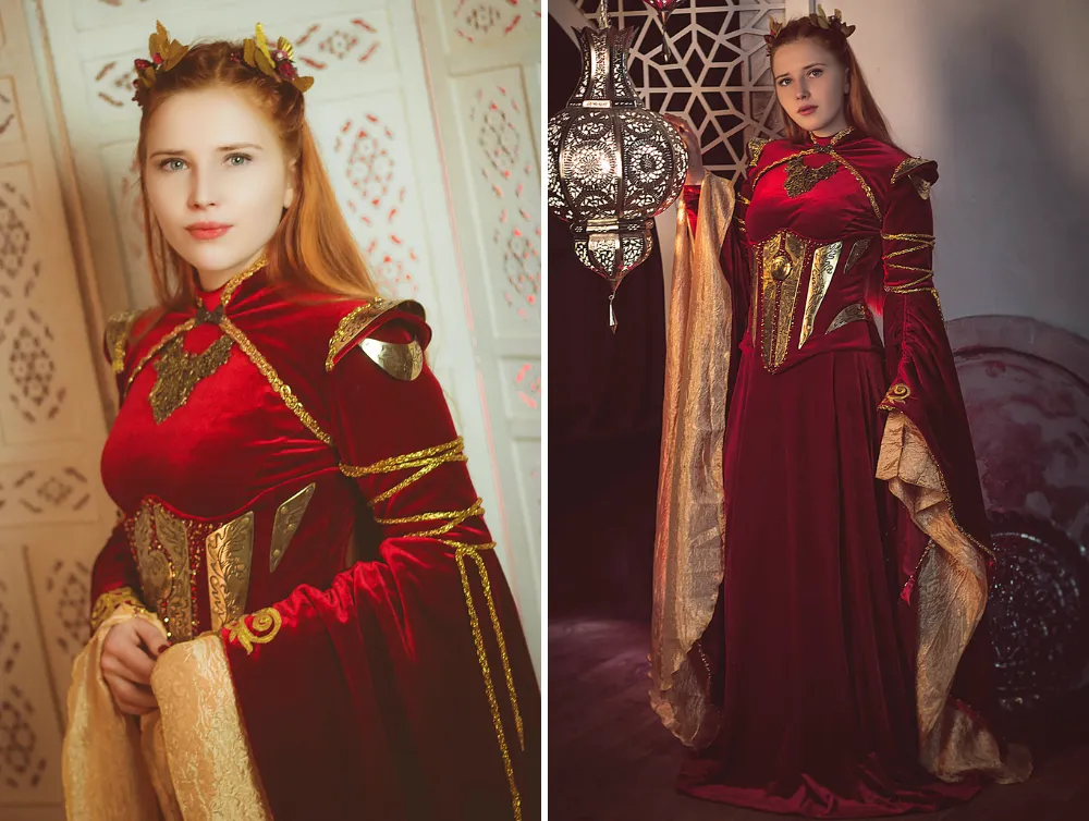 Fantasy red velvet elven dress with metal plates