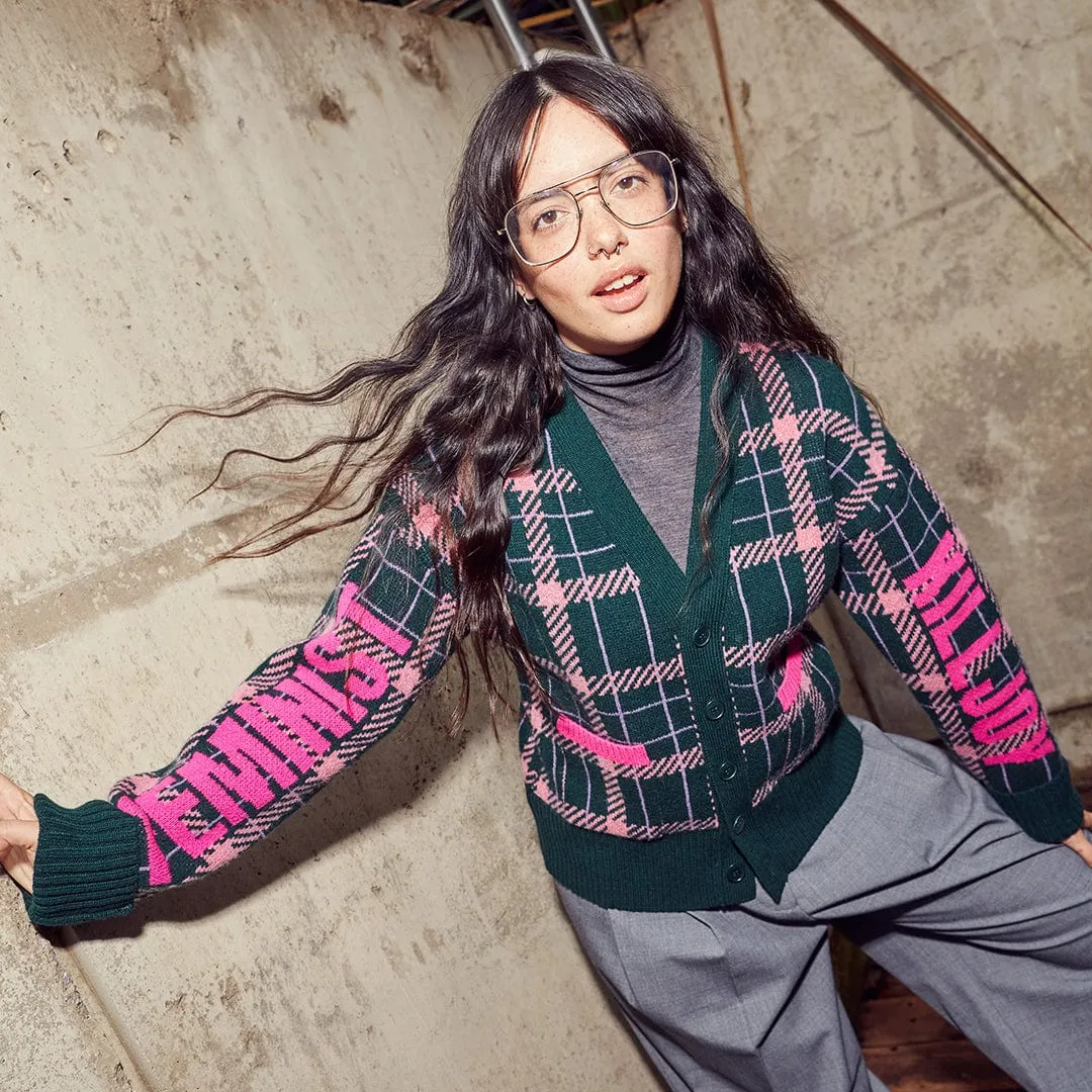 Feminist Killjoy Lambswool Cardigan in Forest Green & Neon Pink