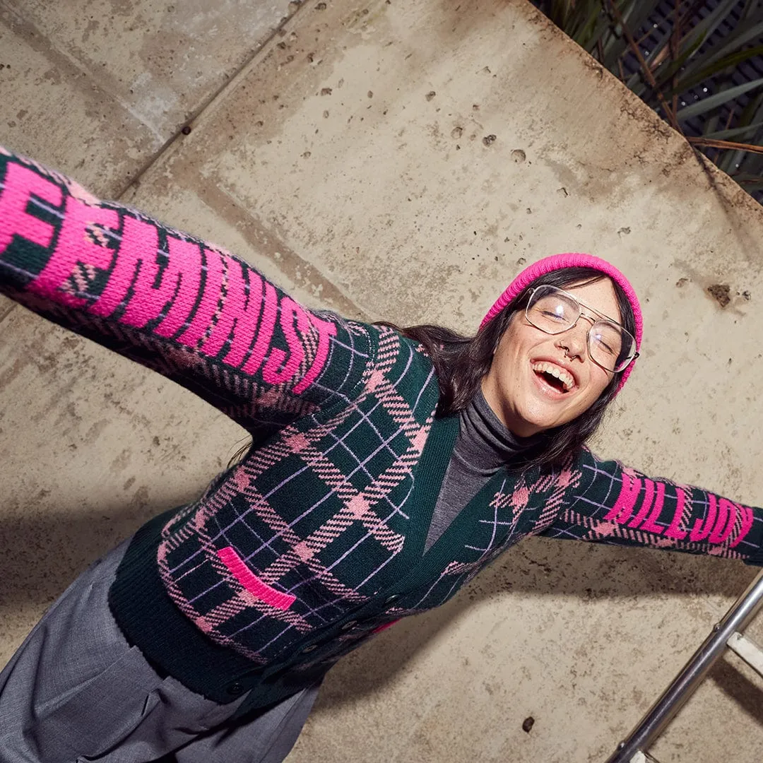 Feminist Killjoy Lambswool Cardigan in Forest Green & Neon Pink
