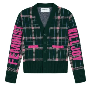Feminist Killjoy Lambswool Cardigan in Forest Green & Neon Pink