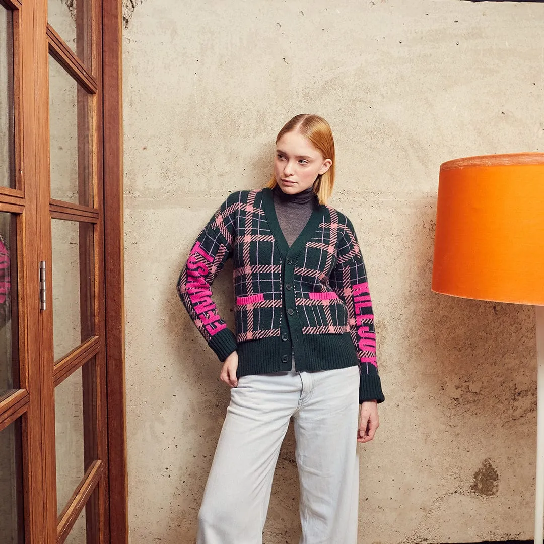 Feminist Killjoy Lambswool Cardigan in Forest Green & Neon Pink