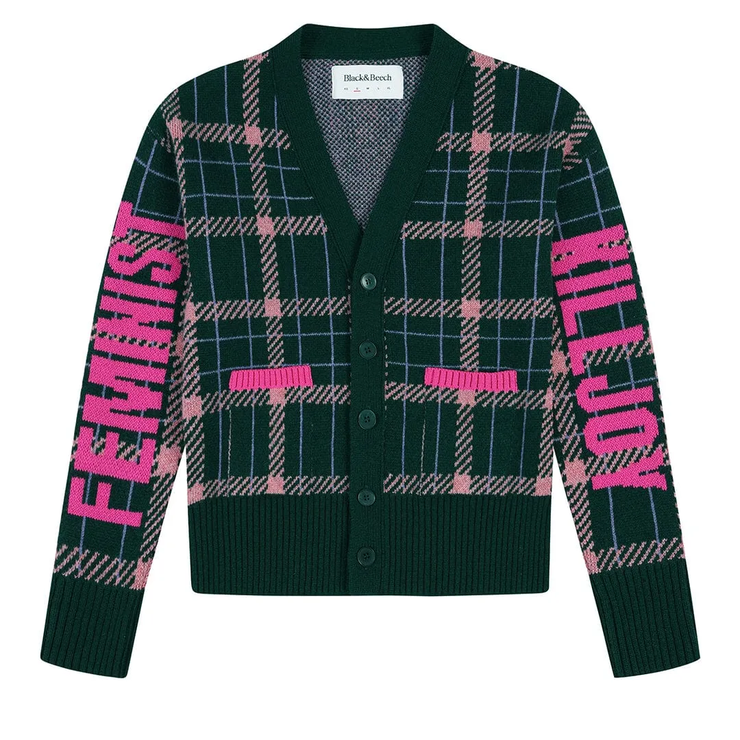 Feminist Killjoy Lambswool Cardigan in Forest Green & Neon Pink