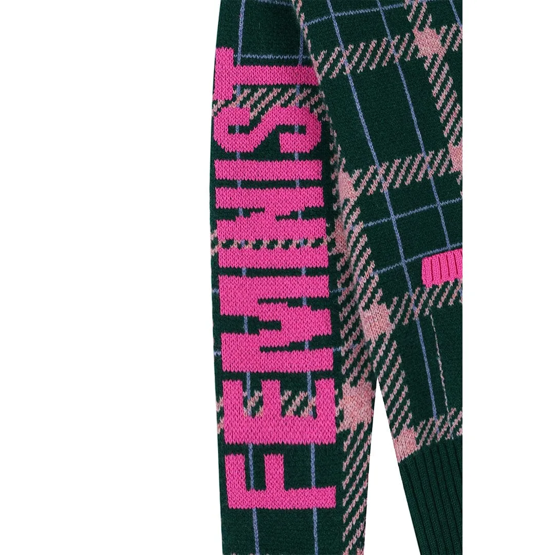 Feminist Killjoy Lambswool Cardigan in Forest Green & Neon Pink