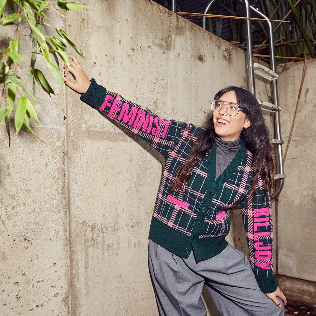 Feminist Killjoy Lambswool Cardigan in Forest Green & Neon Pink