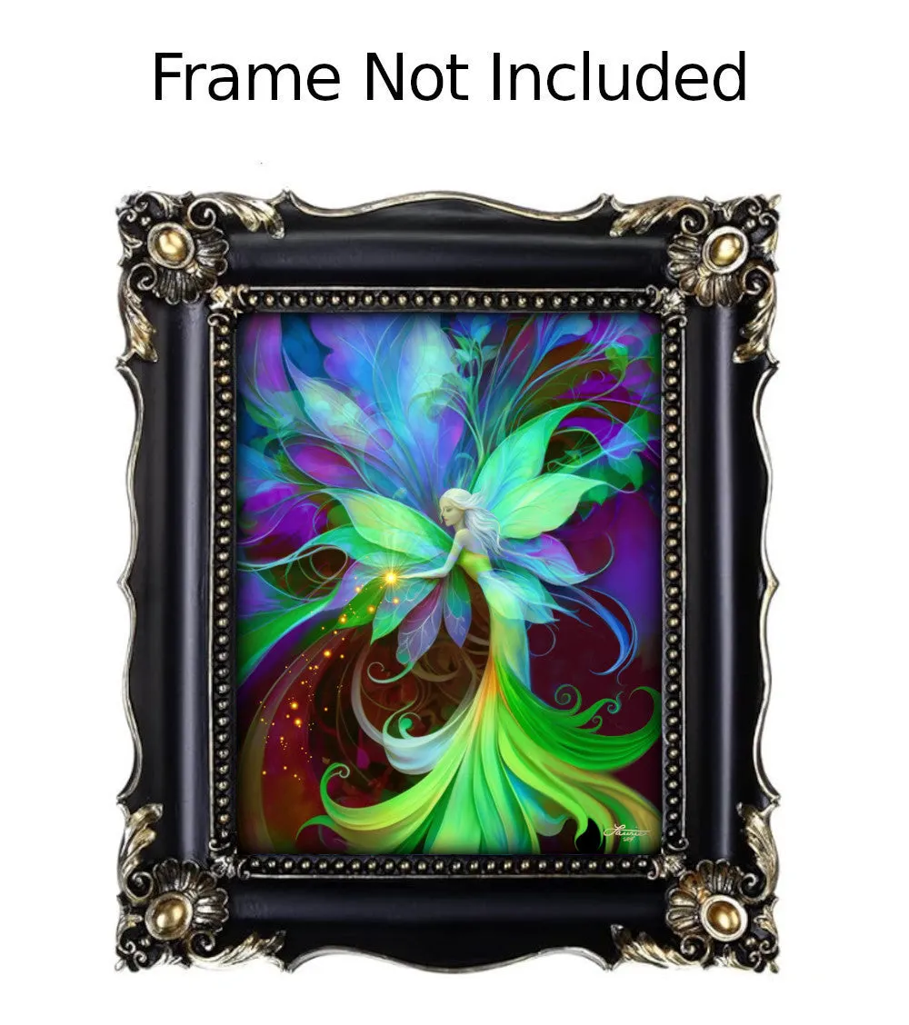 Flower Nymph Fairy in Green Purple and Blue, Fantasy Art Print, Colorful Wall Decor