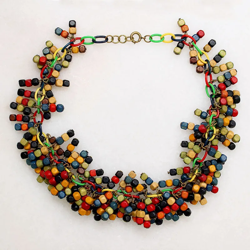 Funky Wooden Bead Festoon Celluloid Necklace