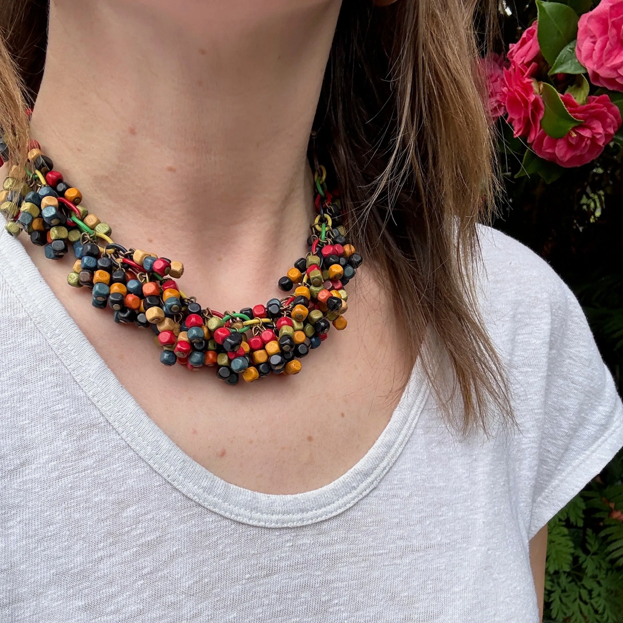 Funky Wooden Bead Festoon Celluloid Necklace