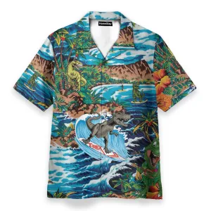 Funny Dinosaur Surfing On Tropical Island - Hawaiian Shirt