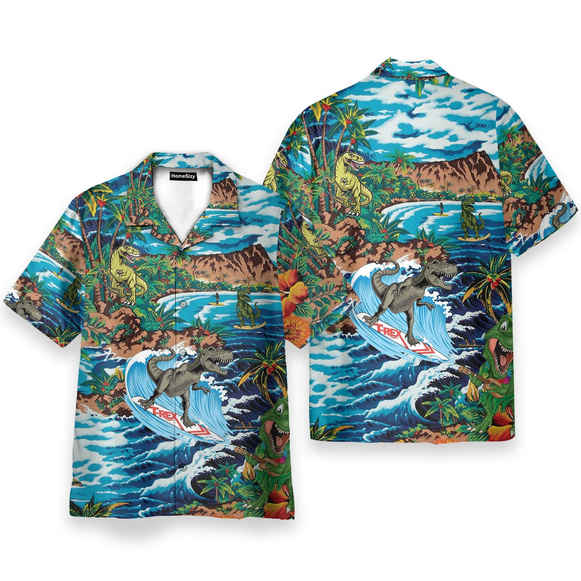 Funny Dinosaur Surfing On Tropical Island - Hawaiian Shirt