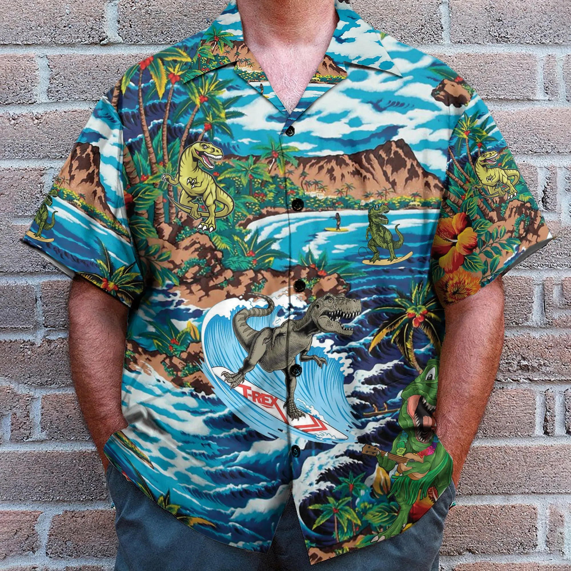 Funny Dinosaur Surfing On Tropical Island - Hawaiian Shirt