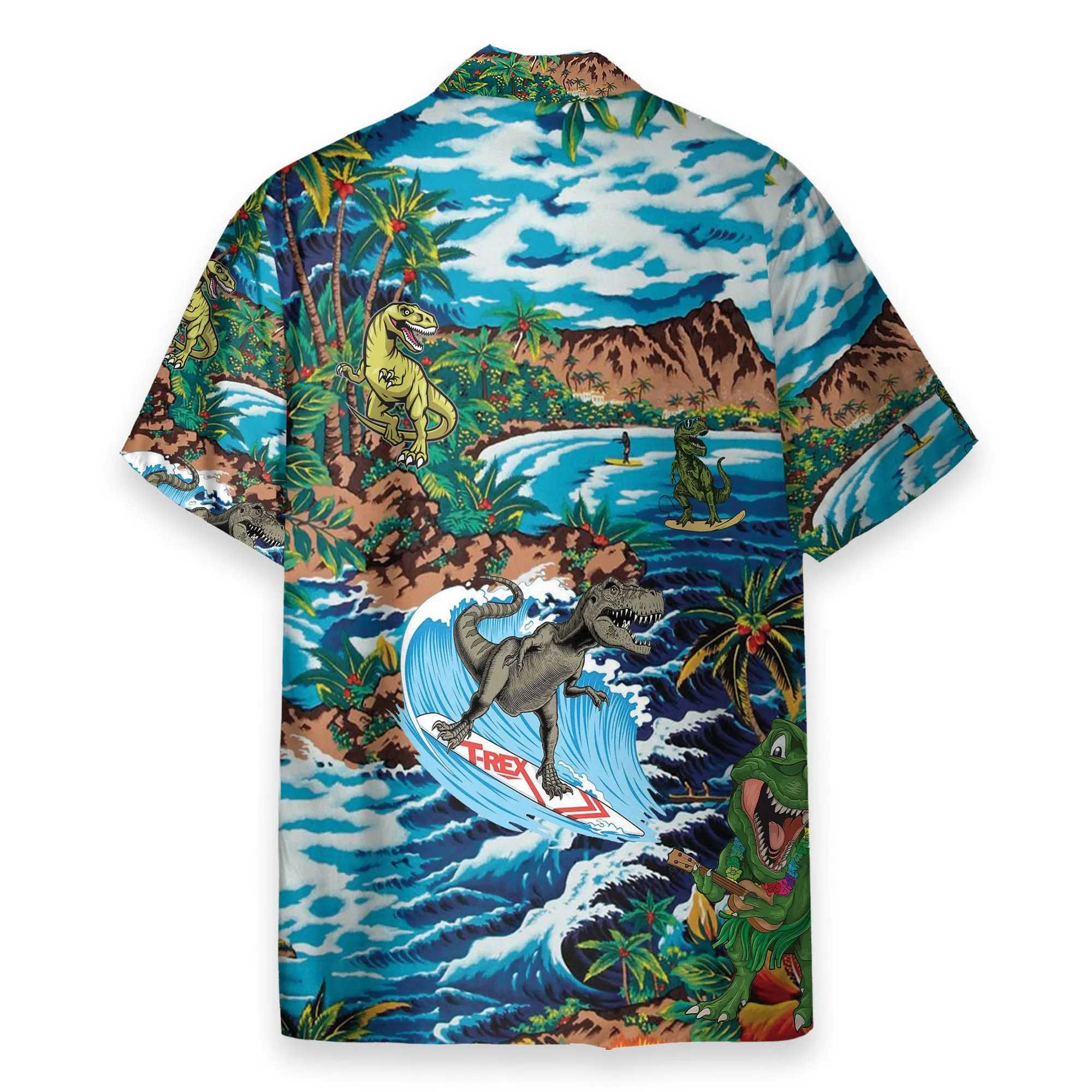 Funny Dinosaur Surfing On Tropical Island - Hawaiian Shirt