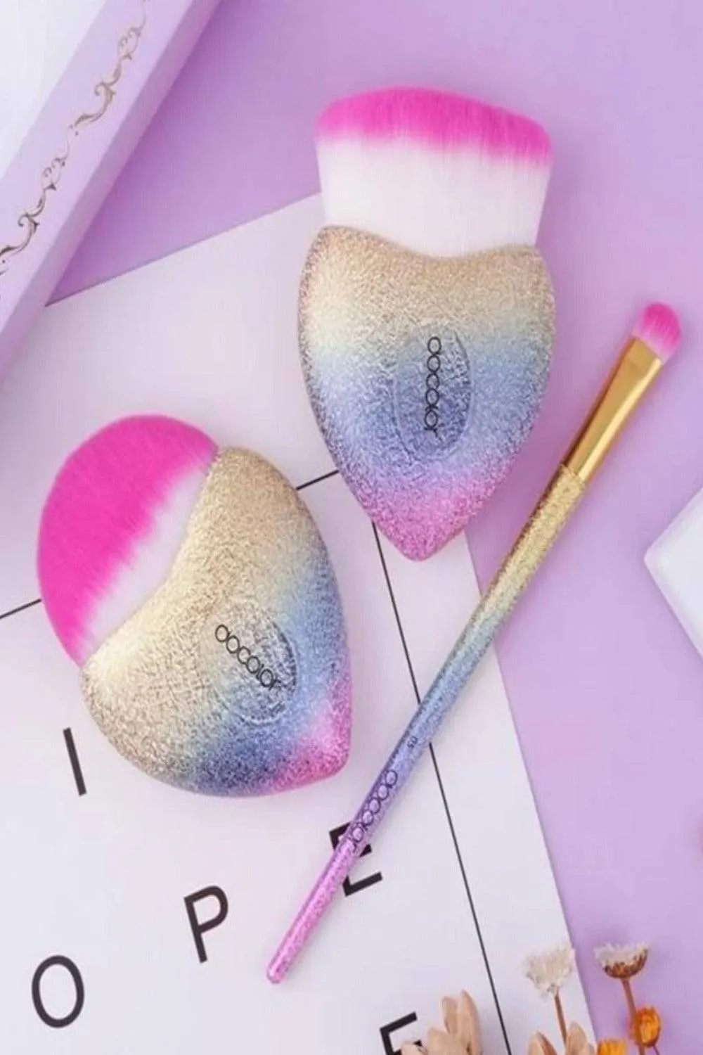 Glitter Rainbow Heart Cupid Makeup Brush Set - 3 Pack