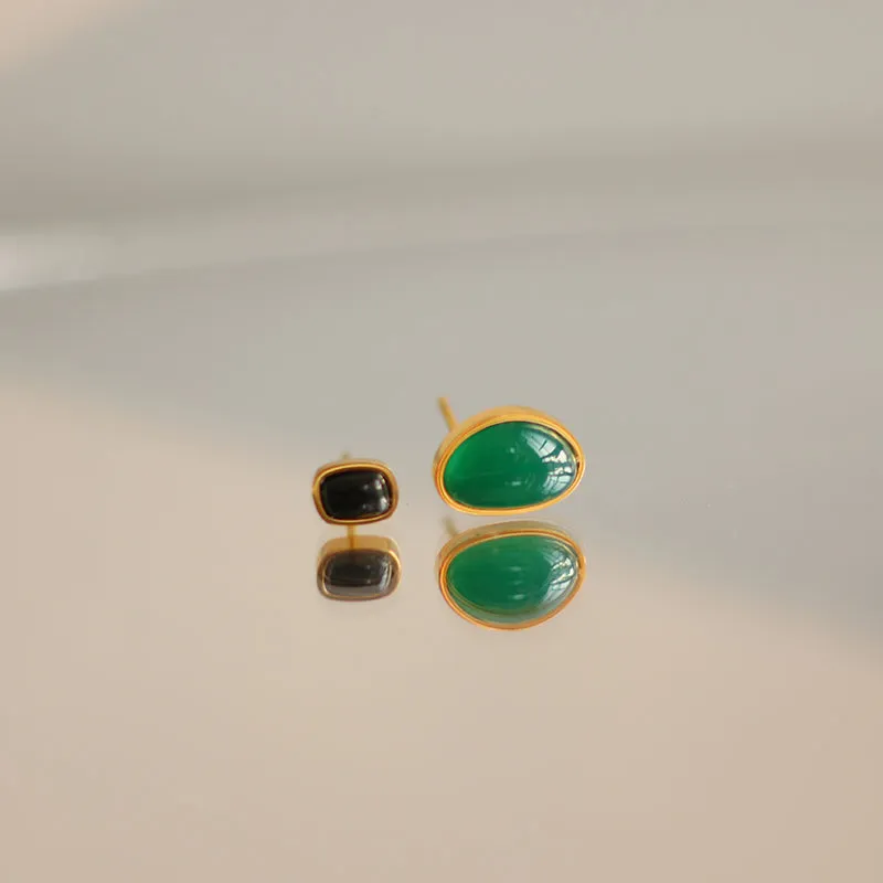 Gold-Plated Green Chalcedony and Black Onyx Jewelry Set