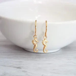 Gold Seahorse Earrings, tiny seahorse earring, sea horse dangle, little brass earring small seahorse, dainty 14K SOLID gold upgrade