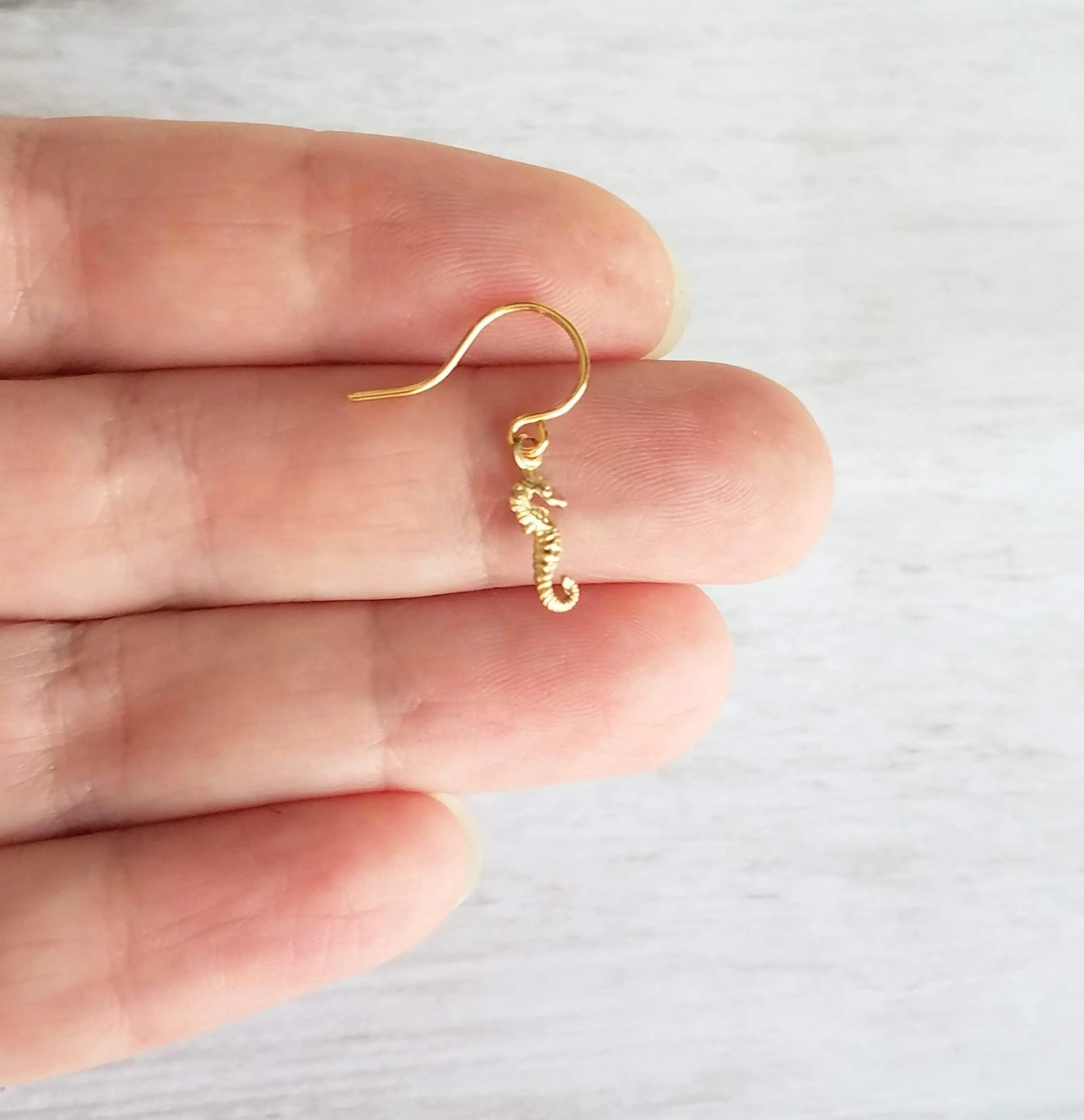 Gold Seahorse Earrings, tiny seahorse earring, sea horse dangle, little brass earring small seahorse, dainty 14K SOLID gold upgrade