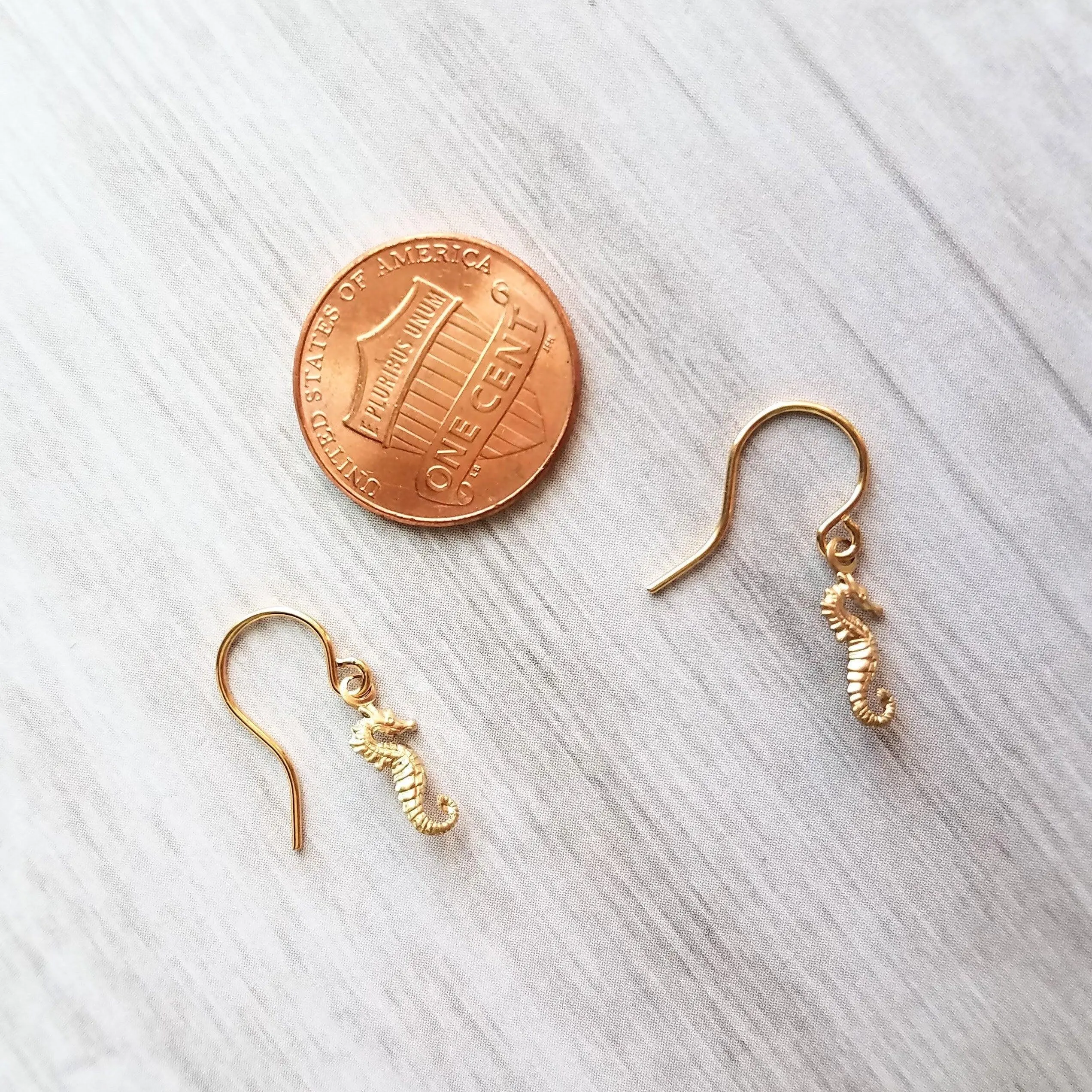 Gold Seahorse Earrings, tiny seahorse earring, sea horse dangle, little brass earring small seahorse, dainty 14K SOLID gold upgrade