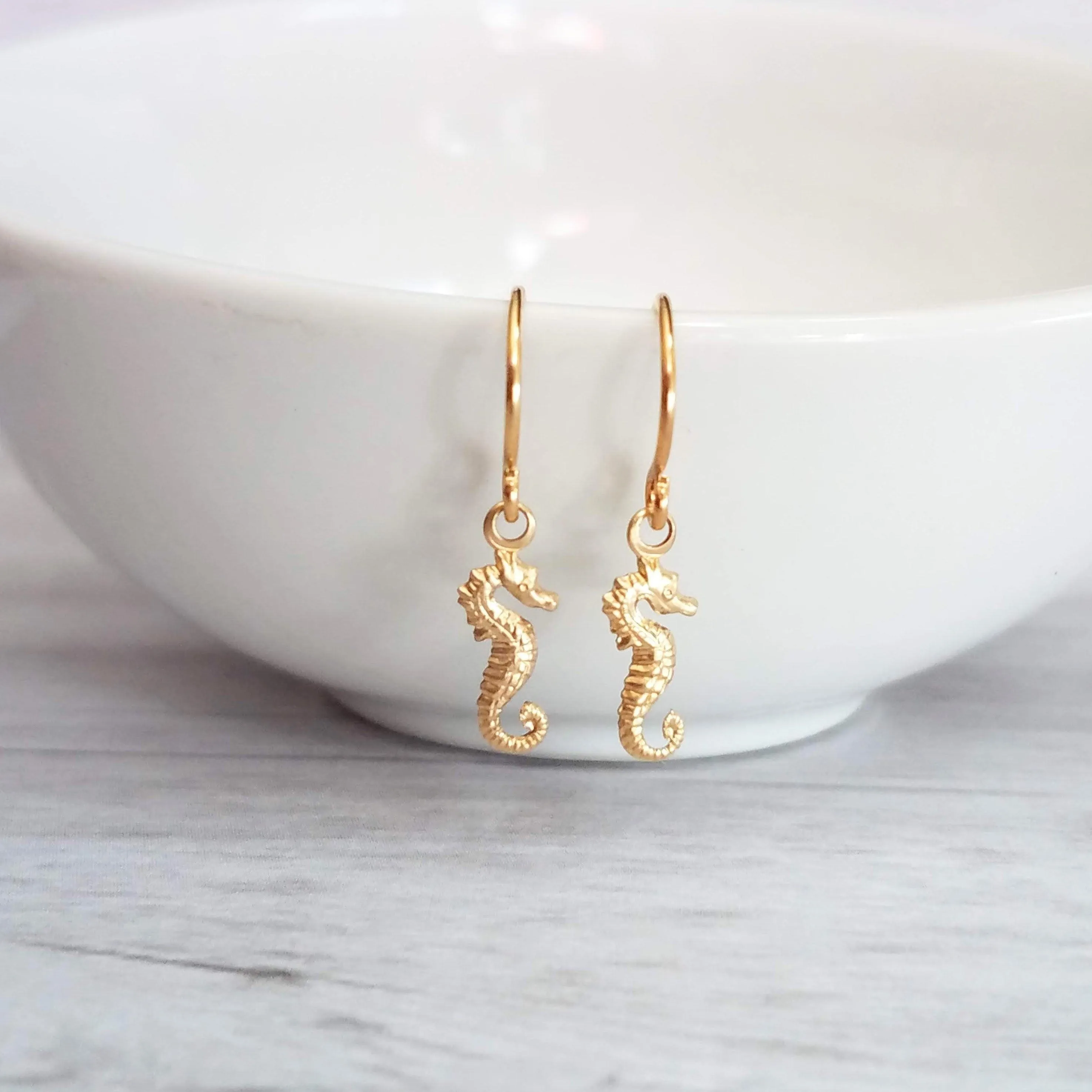 Gold Seahorse Earrings, tiny seahorse earring, sea horse dangle, little brass earring small seahorse, dainty 14K SOLID gold upgrade