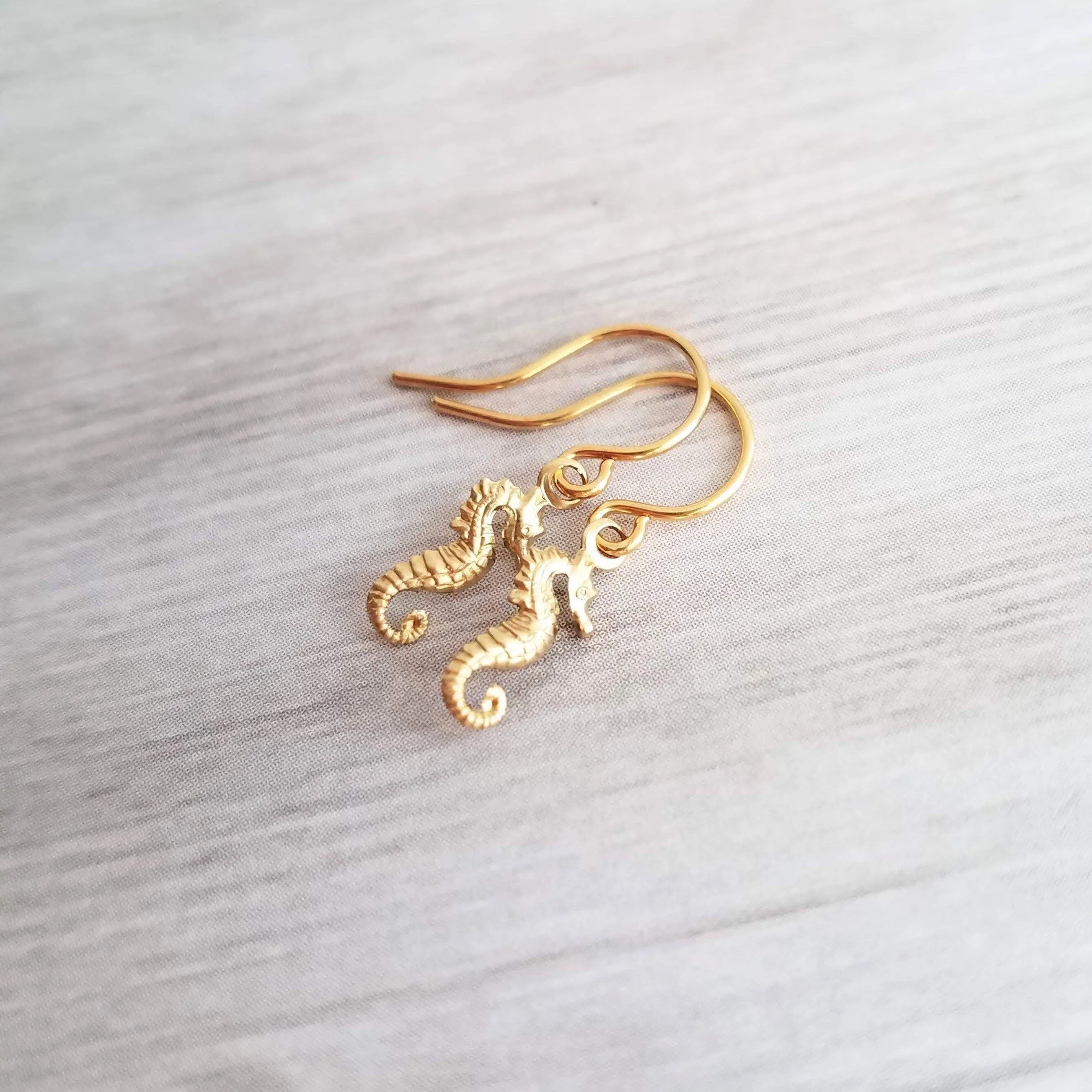 Gold Seahorse Earrings, tiny seahorse earring, sea horse dangle, little brass earring small seahorse, dainty 14K SOLID gold upgrade