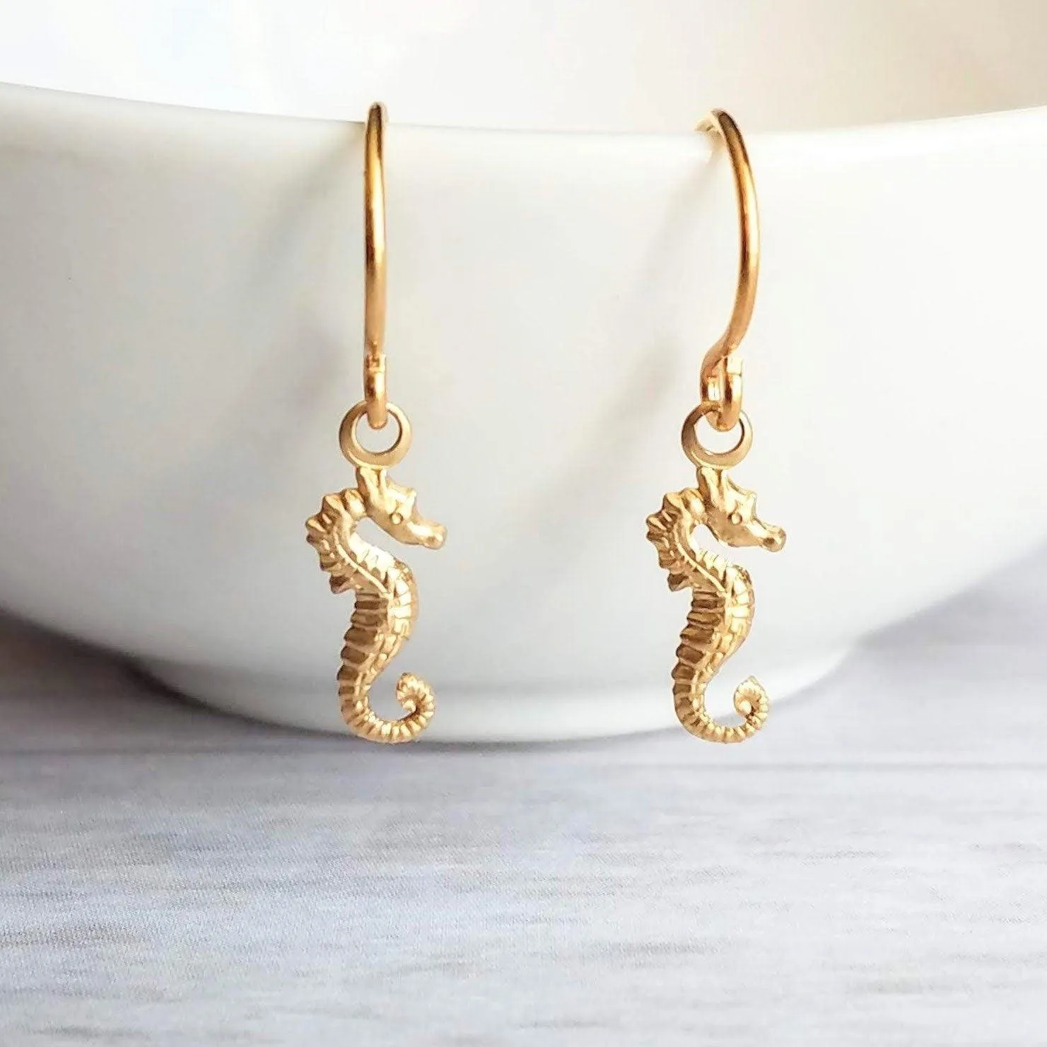 Gold Seahorse Earrings, tiny seahorse earring, sea horse dangle, little brass earring small seahorse, dainty 14K SOLID gold upgrade