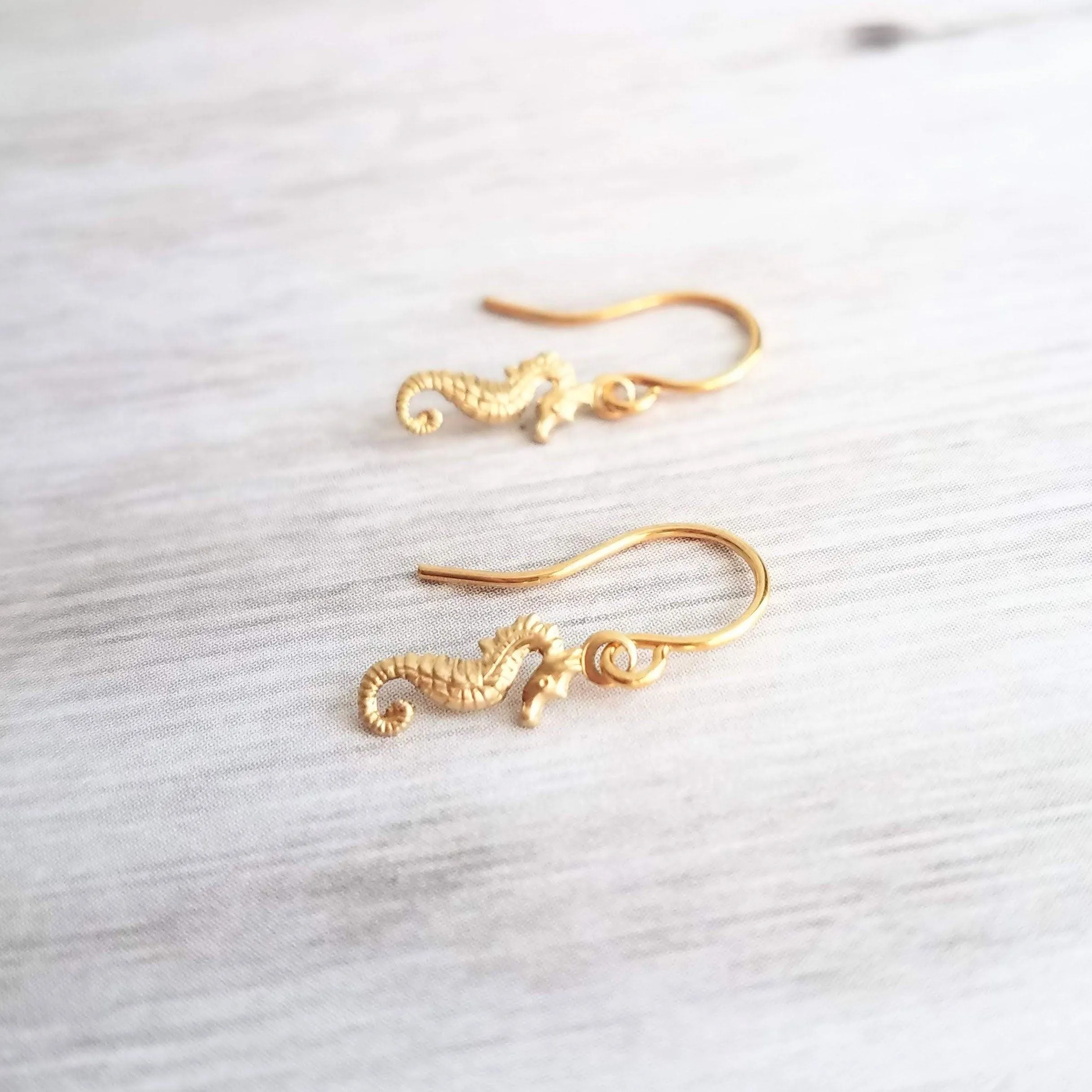 Gold Seahorse Earrings, tiny seahorse earring, sea horse dangle, little brass earring small seahorse, dainty 14K SOLID gold upgrade