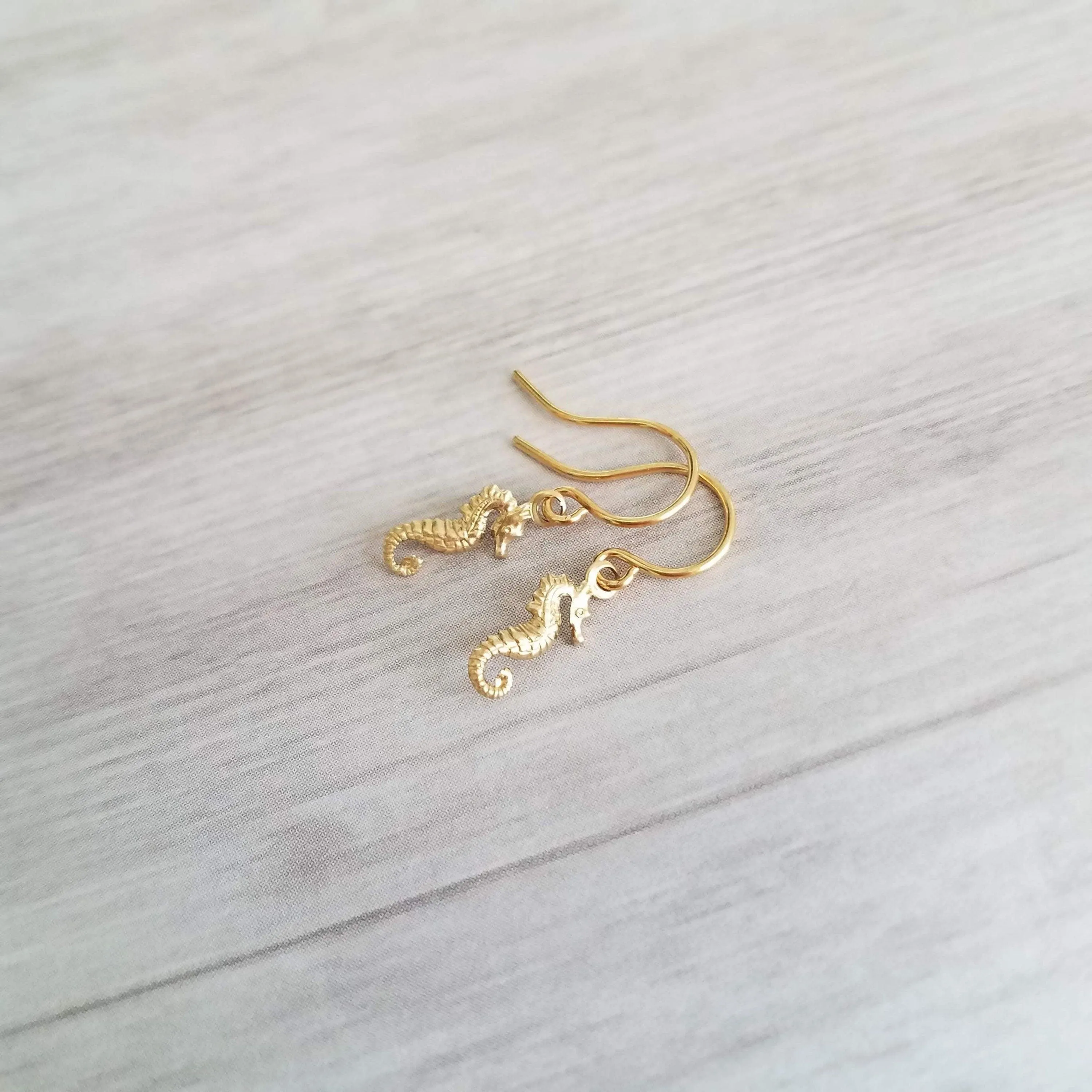 Gold Seahorse Earrings, tiny seahorse earring, sea horse dangle, little brass earring small seahorse, dainty 14K SOLID gold upgrade