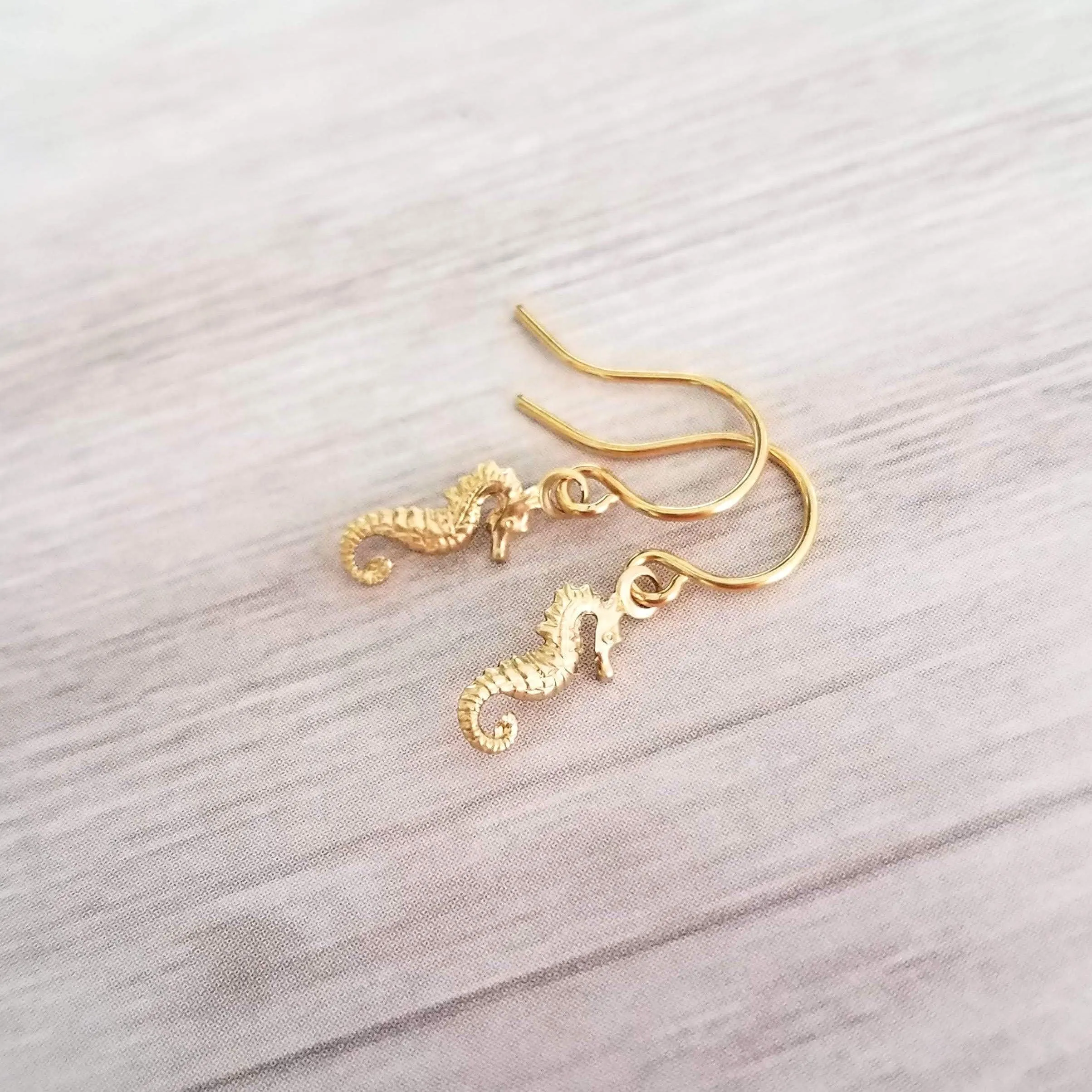 Gold Seahorse Earrings, tiny seahorse earring, sea horse dangle, little brass earring small seahorse, dainty 14K SOLID gold upgrade
