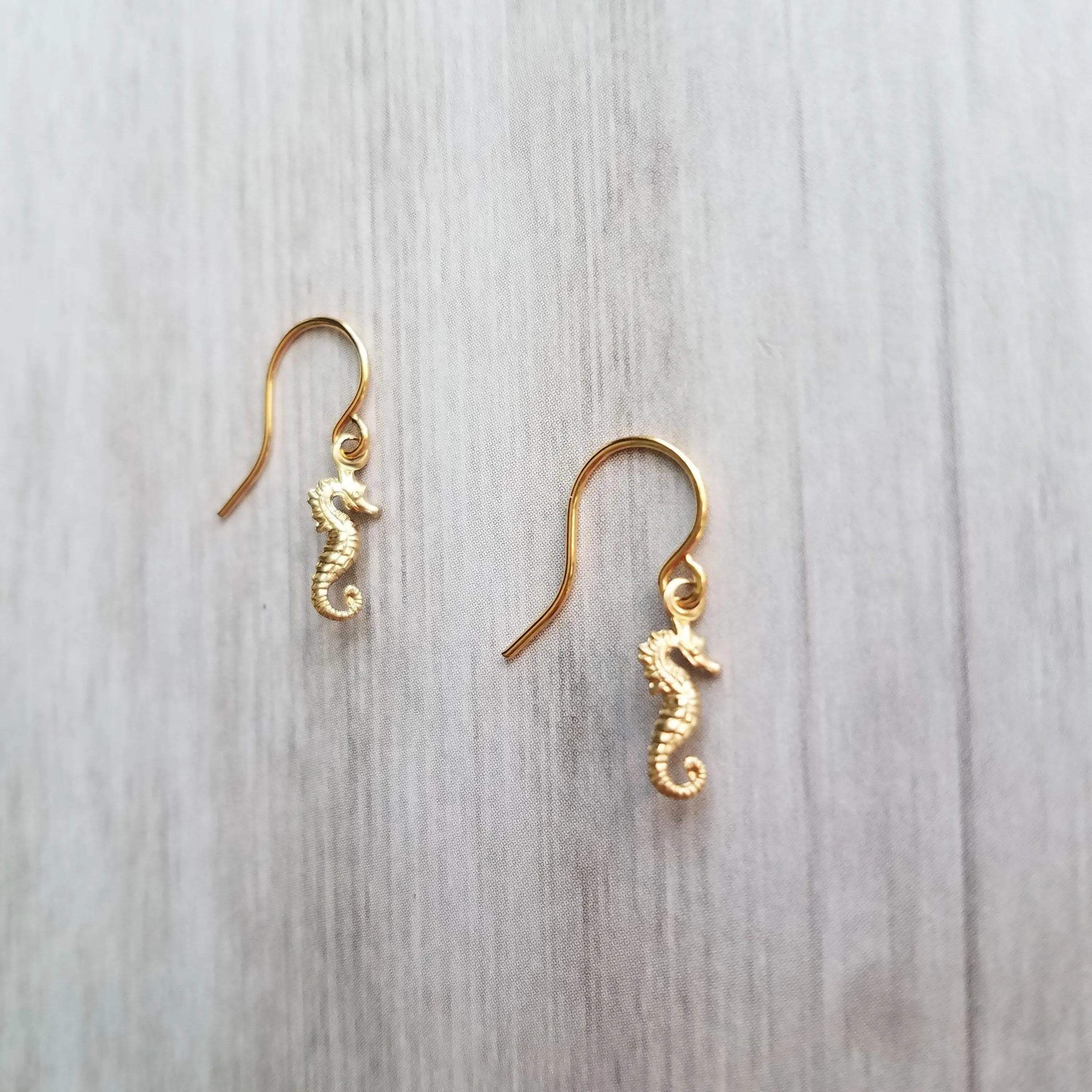 Gold Seahorse Earrings, tiny seahorse earring, sea horse dangle, little brass earring small seahorse, dainty 14K SOLID gold upgrade